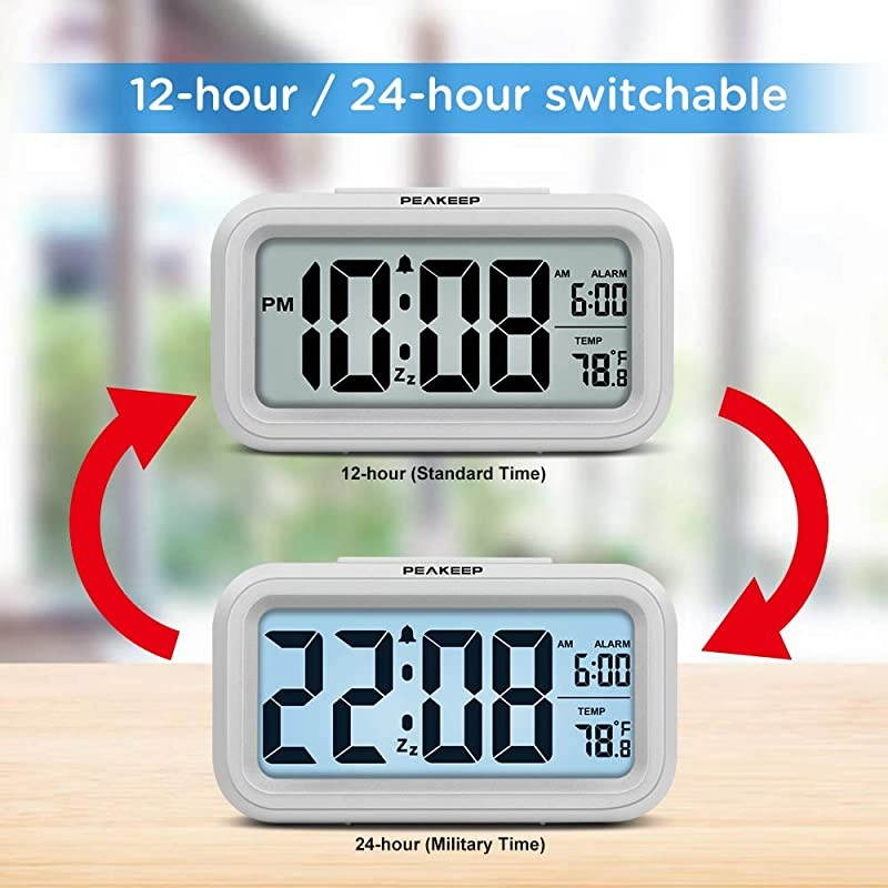 Battery Operated Smart Night Light Digital Alarm Clock with Indoor Temperature White