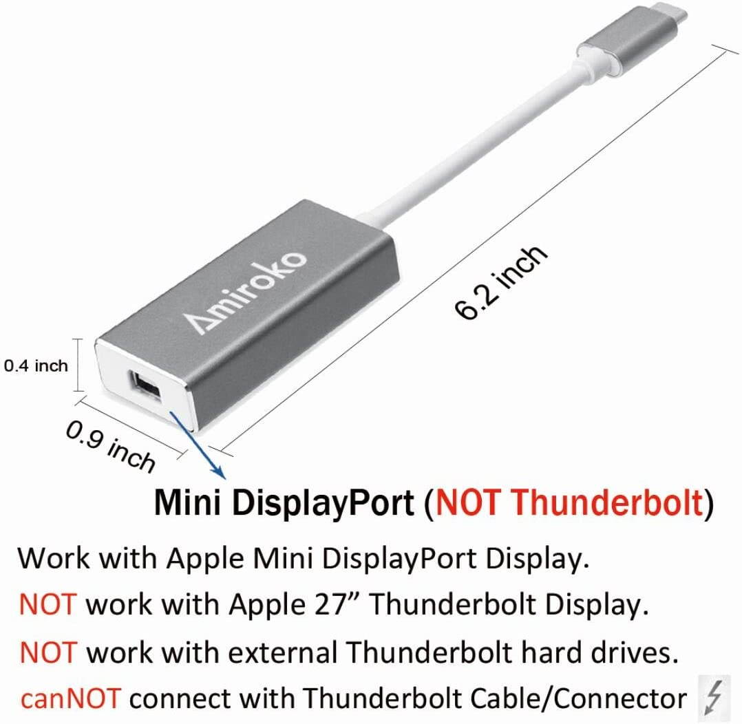 Amiroko USB-C to Mini DisplayPort Adapter USB 3.1 Type C to Mini DP Adapter Support 4K 1080P Compatible with MacBook Pro MacBook 12 Alienware to LED Cinema Display/Dell Monitor etc Silver