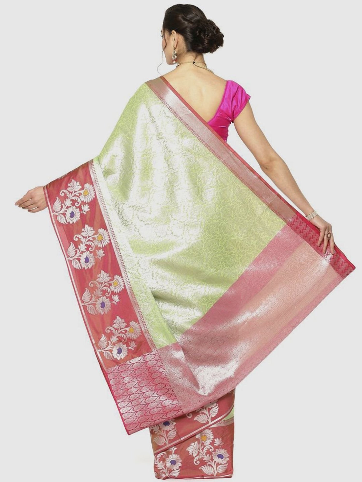Banarasi Silk Works Green & Pink Woven Saree With Unstitched Blouse