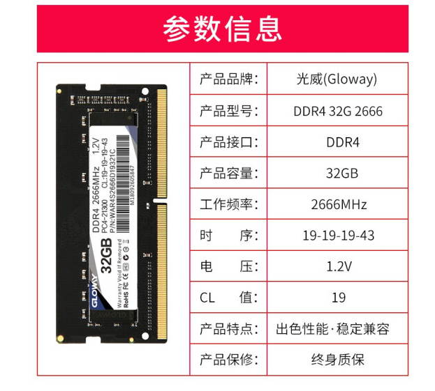 Gloway 32GB 260-Pin DDR4 SDRAM DDR4 2666 (PC4 21300) Notebook Memory