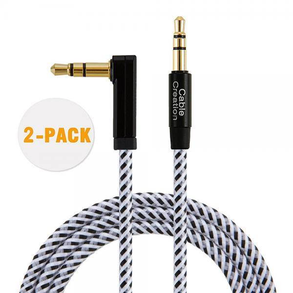 CableCreation [2-PACK] 3 Feet 3.5mm Auxiliary Audio cable 90 Degree Right Angle for Apple iPhone, iPod, iPad, Samsung,Smartphones & Tablets and Speakers,24K Gold Plated, Black & White