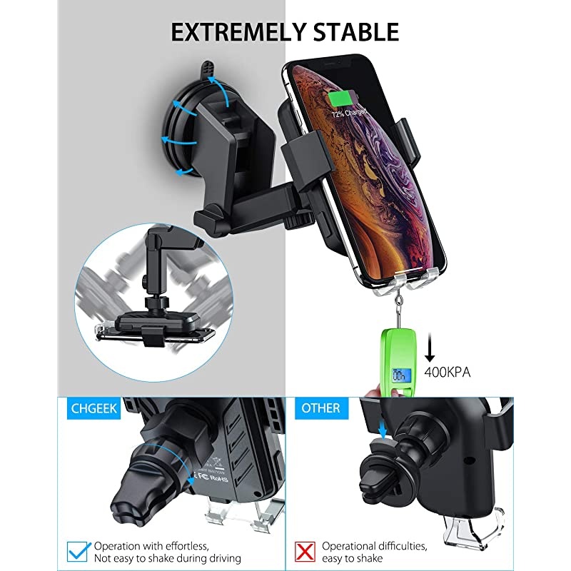 Wireless Car Charger  10W Qi Fast Charging Auto Clamping Car Mount Windshield Dashboard Air Vent Phone Holder for iPhone 11 11 Pro Max Xs MAX XS XR X 8+ Samsung Galaxy S10+ S9+ S8 Note 9 etc