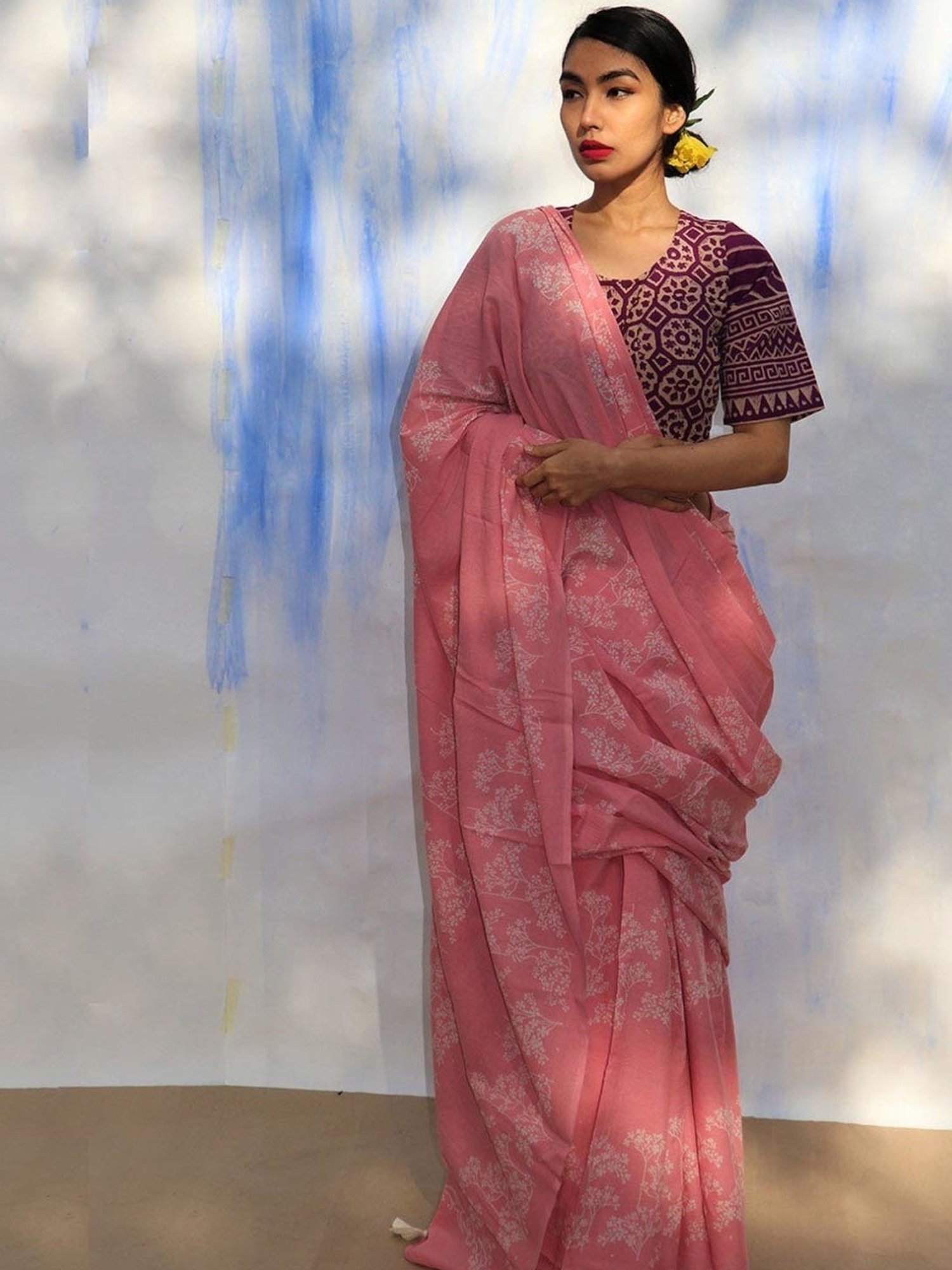 Chidiyaa Pink Bel Handprinted Pure Cotton Saree SKD