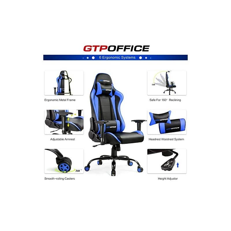 Chair Racing Style High Back Computer Chair Adjustable Recliner Leather Office Desk Chair with Headrest and Lumbar Support,Blue