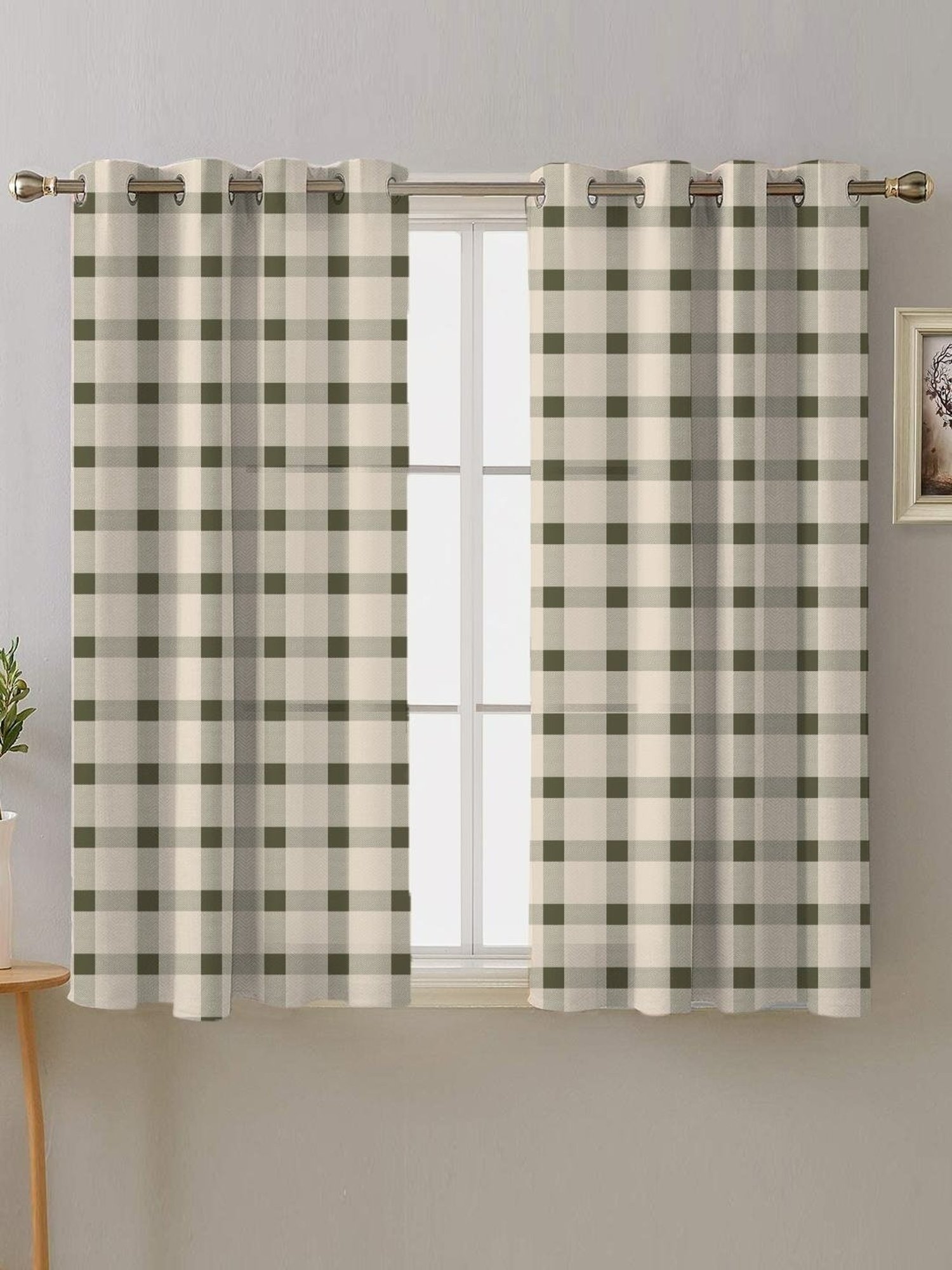 SPACES DRAPE STORY Boho Checks Beige & Grey Polyester 5 ft Window Curtains - Set of 2