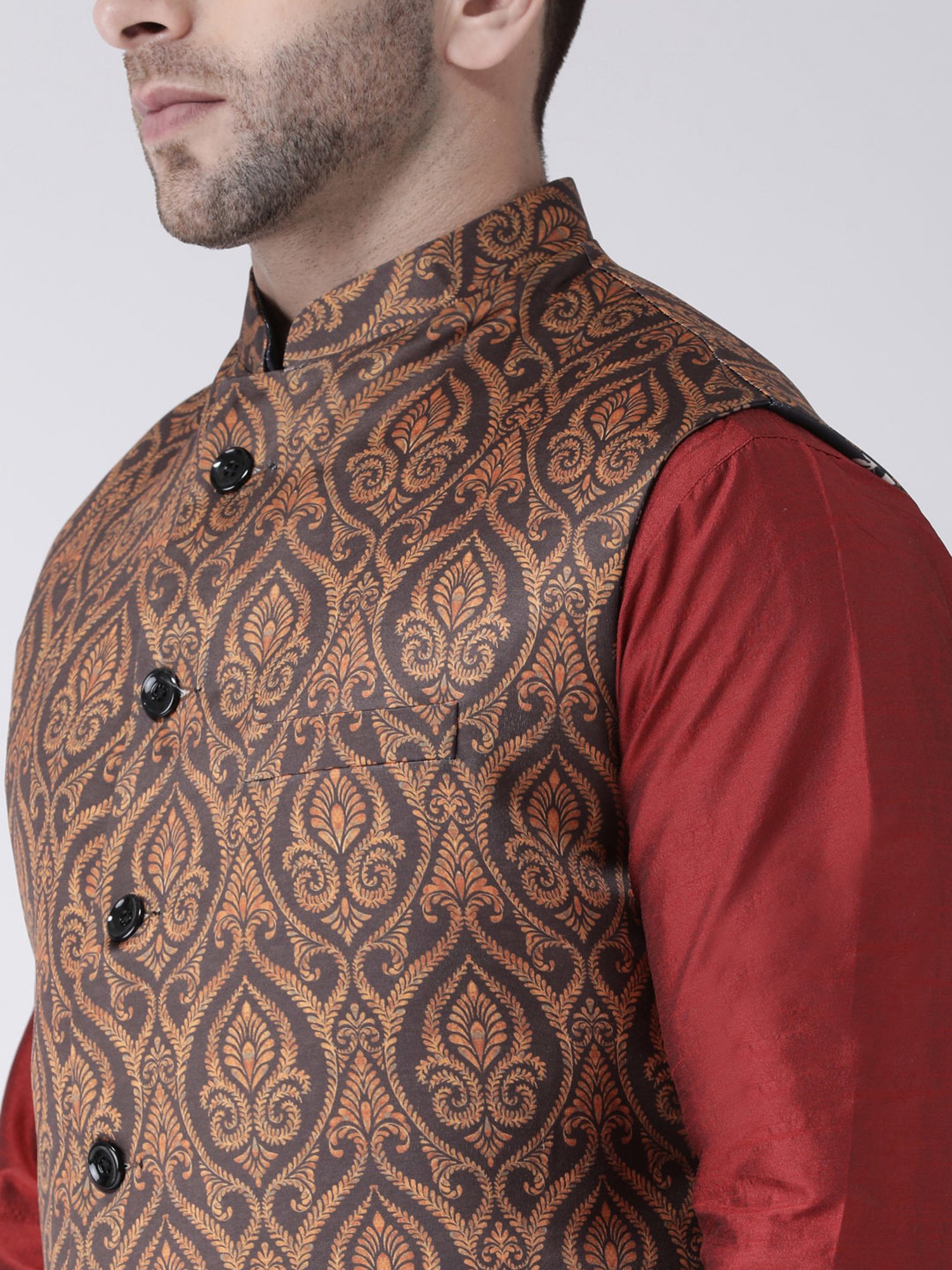 Hangup Plus Brown Regular Fit Printed Nehru Jacket