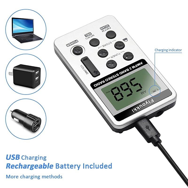 Pocket Small Radio by  Personal Mini AM FM Portable Digital Tuning Transistor Radios with Best Reception Earphones Lanyard and Rechargeable Battery for Walking Jogging Exercising Silver