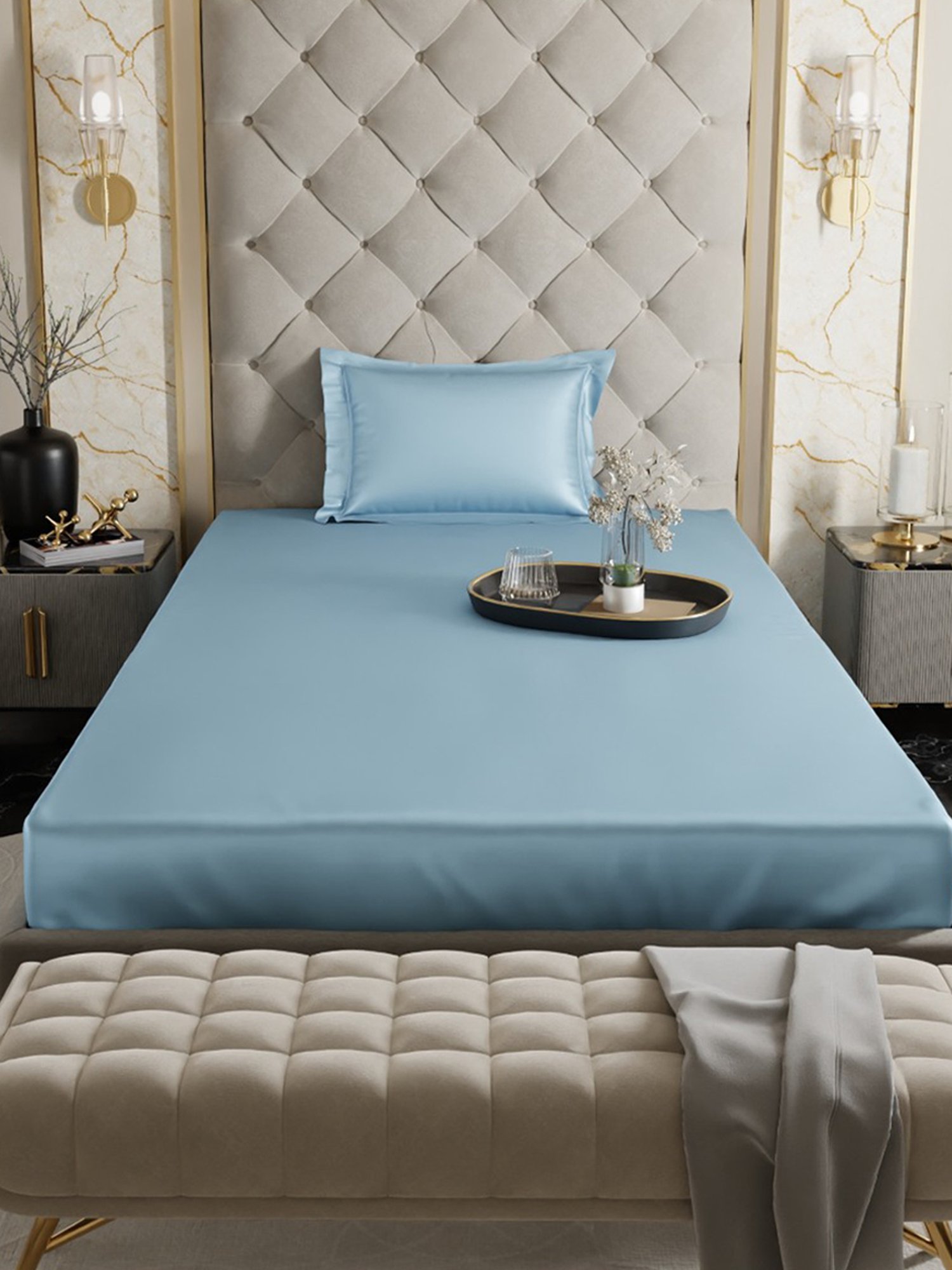 Stoa Paris Blue 300 TC Polyester Single Fitted Sheet with 1 Pillow Cover