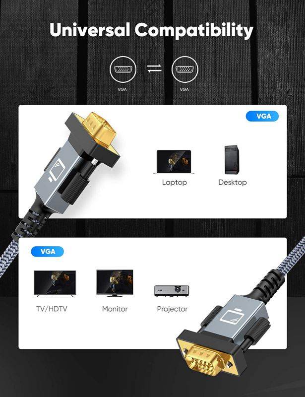 VGA Cable,VGA to VGA Cable 6ft Nylon Braided Reinforced Aluminum Shell 24k Gold-Plated Support 1080P Full HD with 15 pin VGA Port Compatible for Projector,Monitor or Any VGA Devices