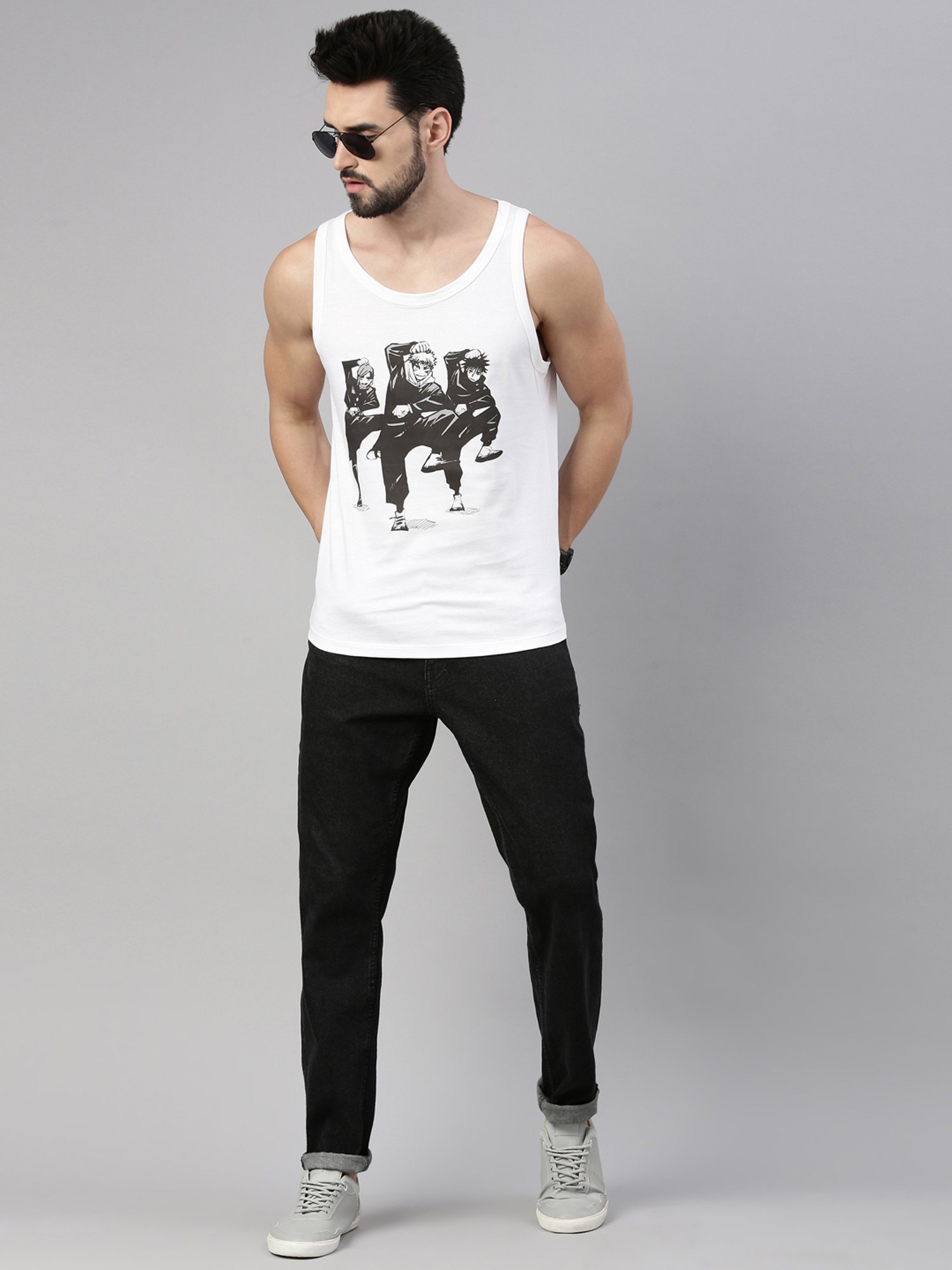 Bushirt Anime White Printed Cotton Vest