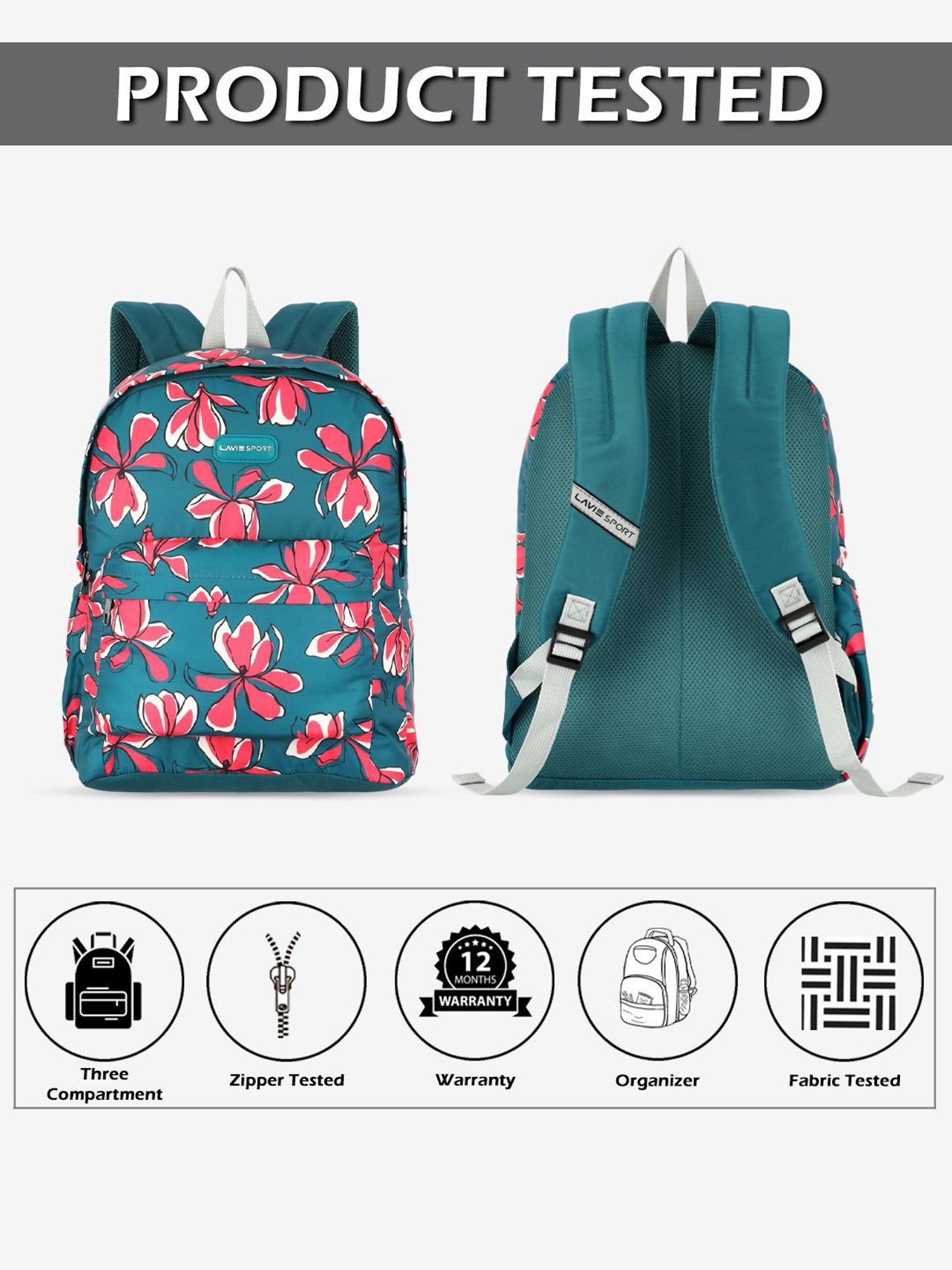 Lavie Sport Bloomy 18L Printed Casual Backpack |School Bag for Girls (Teal)