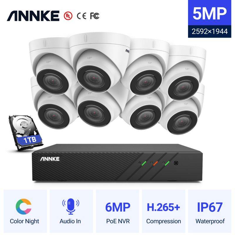 ANNKE 5MP PoE IP Security Camera System with 100 ft Color Night Vision Mic Remote Access Smart Motion Alerts IP67 Weatherproof for Outdoor Indoor CCTV Surveillance--1TB