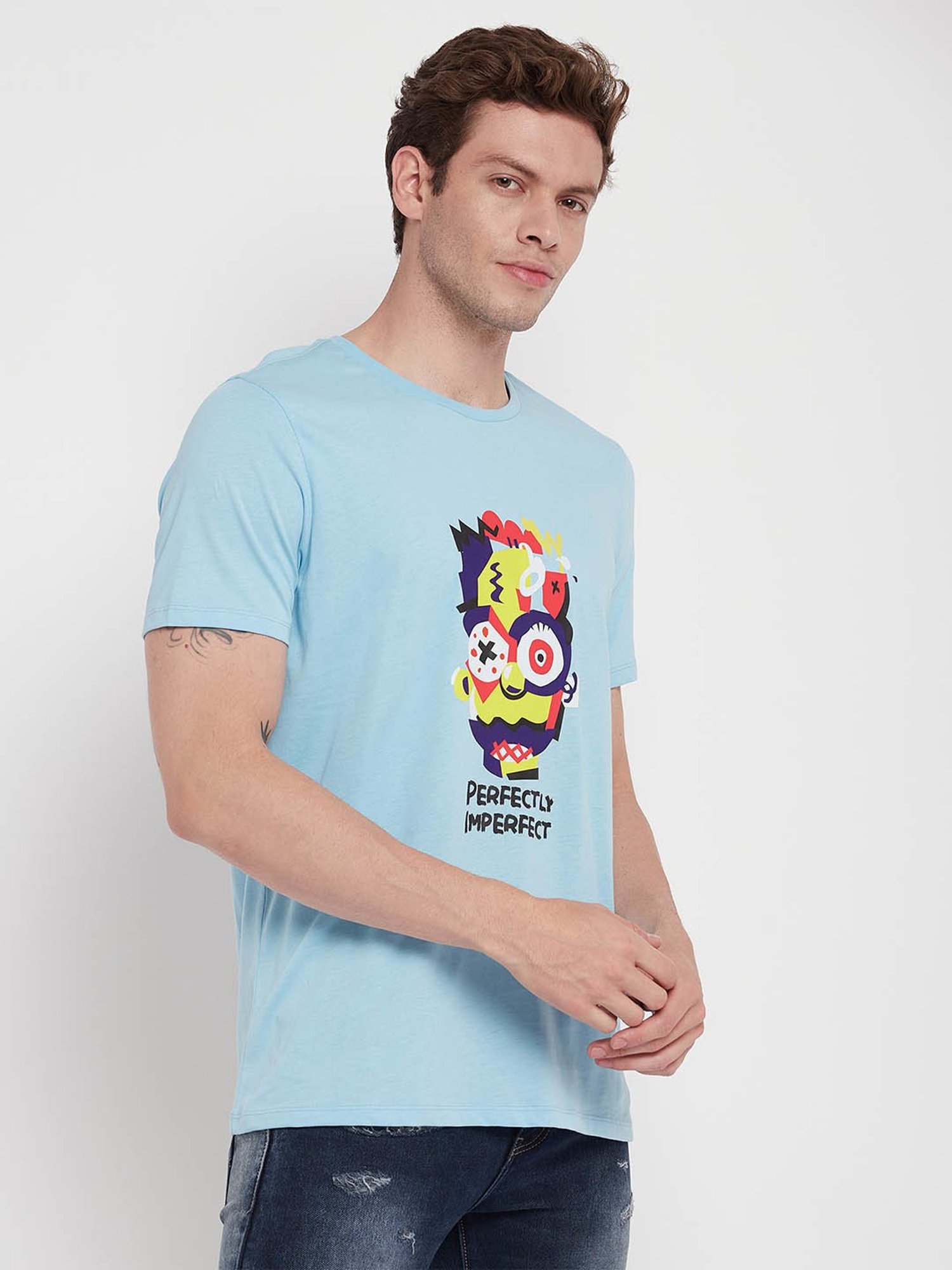 EDRIO Light Blue Regular Fit Printed T-Shirt