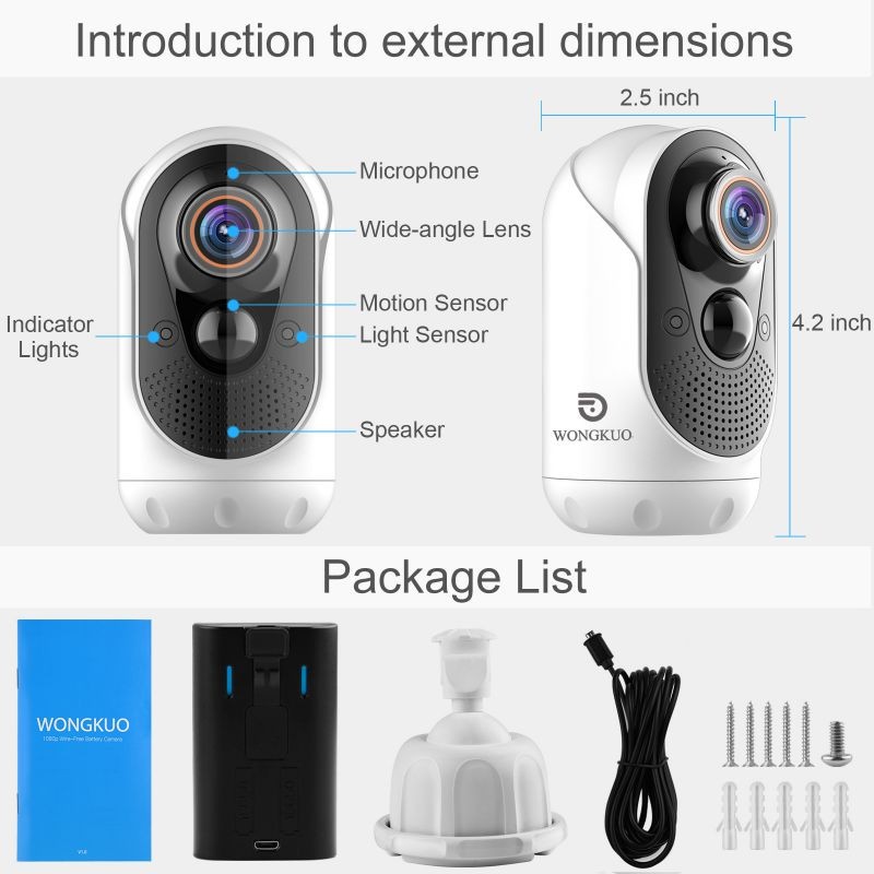 WONGKUO Home Security Camera Outdoor, IP/Network Camera, Wireless Surveillance Security Cameras With 1080P Night Vision/ PIR Motion Detection/ 2-Way Audio/ IP65 Waterproof