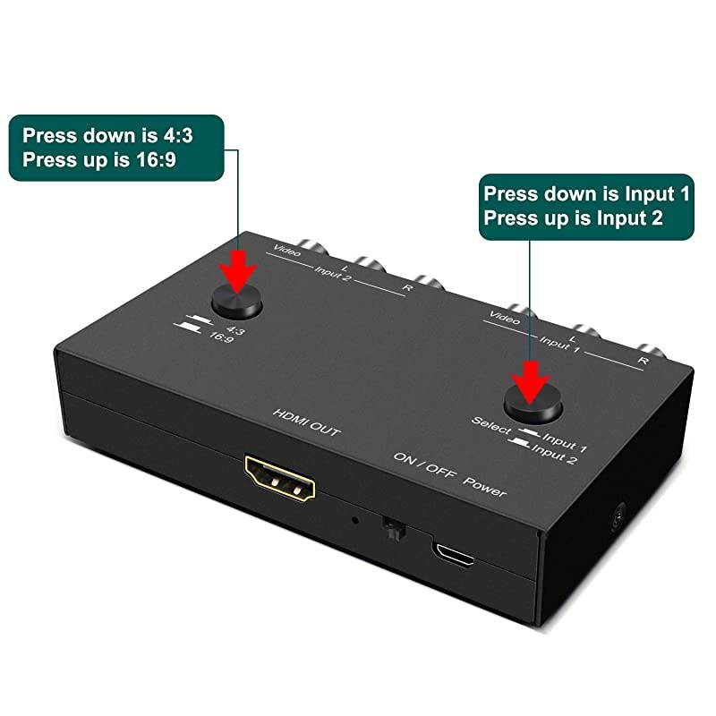 to HDMI Converter Double RCA to HDMI Converter 2 RCA Input 1HDMI Output Support 16943 Compatible with WII N64 PS1 PS2 PS3 VHS VCR DVD Players etc RCA to HDMI Converter