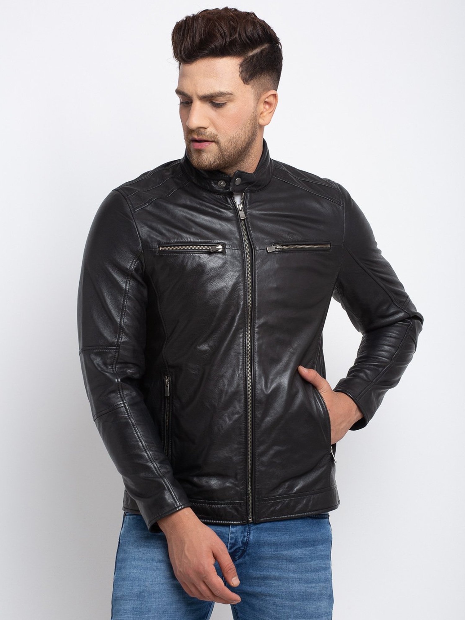 Teakwood Leathers Black Mandarin Collar Leather Jacket