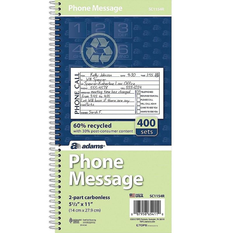 Adams Phone Message Pad 5.5" x 11" Ruled White 100 Sheets/Pad (SC1154R) 609011