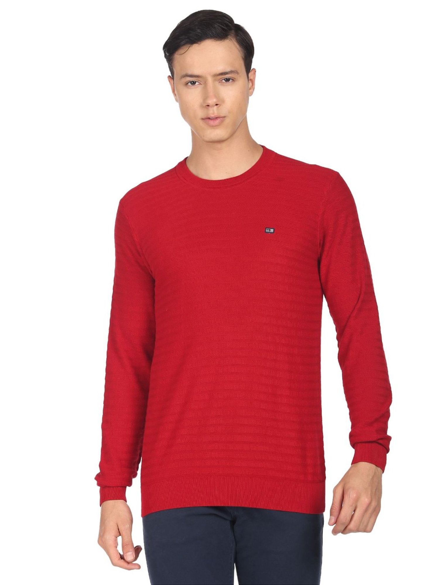 Arrow Sport Red Cotton Regular Fit Self Pattern Sweater