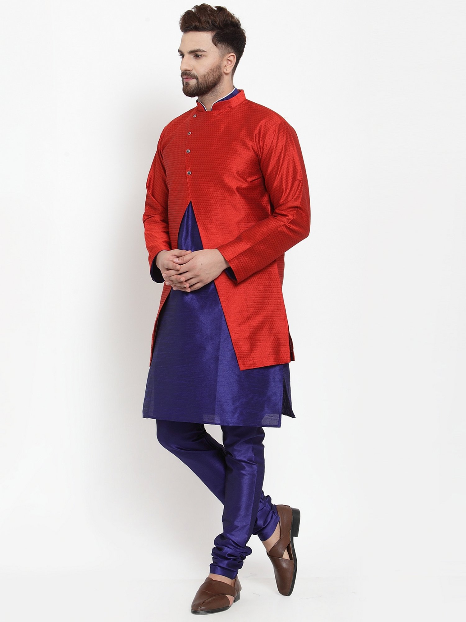 Benstoke Royal Blue & Red Regular Fit Self Pattern Kurta Set With Jacket