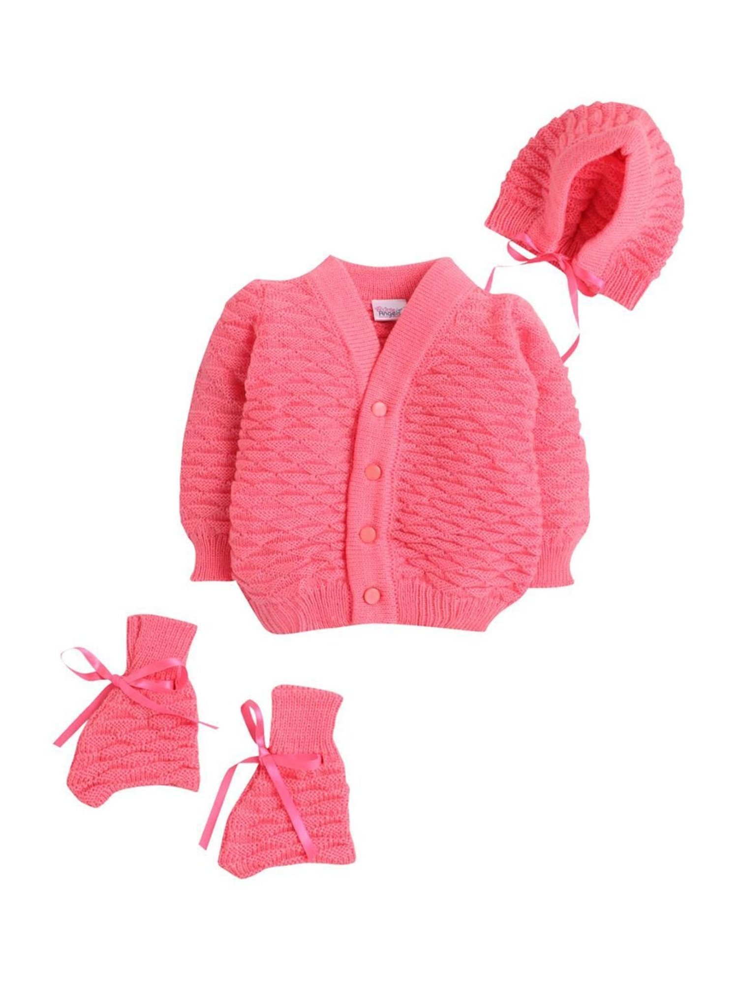 Little Angels Kids Pink Textured Pattern Full Sleeves Sweater Set