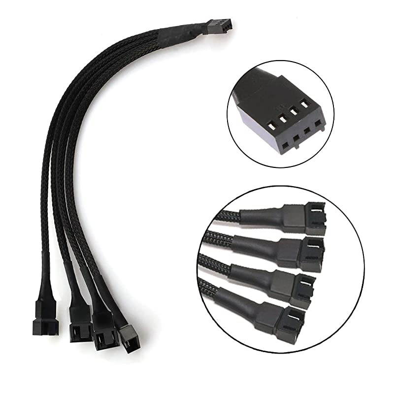 PWM Fan Splitter 4 pin Adapter Cable Sleeved Braided Y Splitter Computer CPU Fan Splitter PC 4 Pin Fan Extension Power Cable 1 to 4 Converter 12 inches