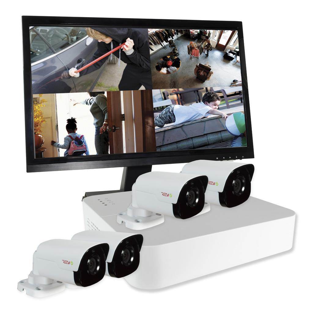 REVO America RU41B4GM22-1T Ultra HD 4 in 1TB NVR Surveillance System with 4 x 4 Megapixel Bullet Cameras & 22 in. Monitor, White