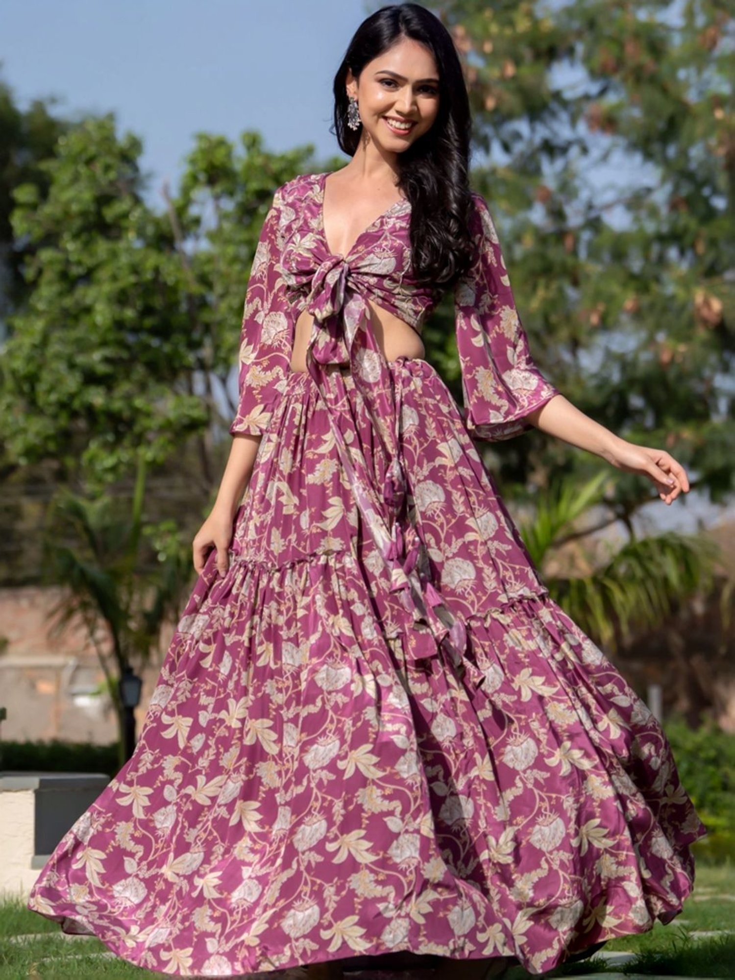 HOUSE OF JAMOTI Purple Printed Crop Top Skirt Set