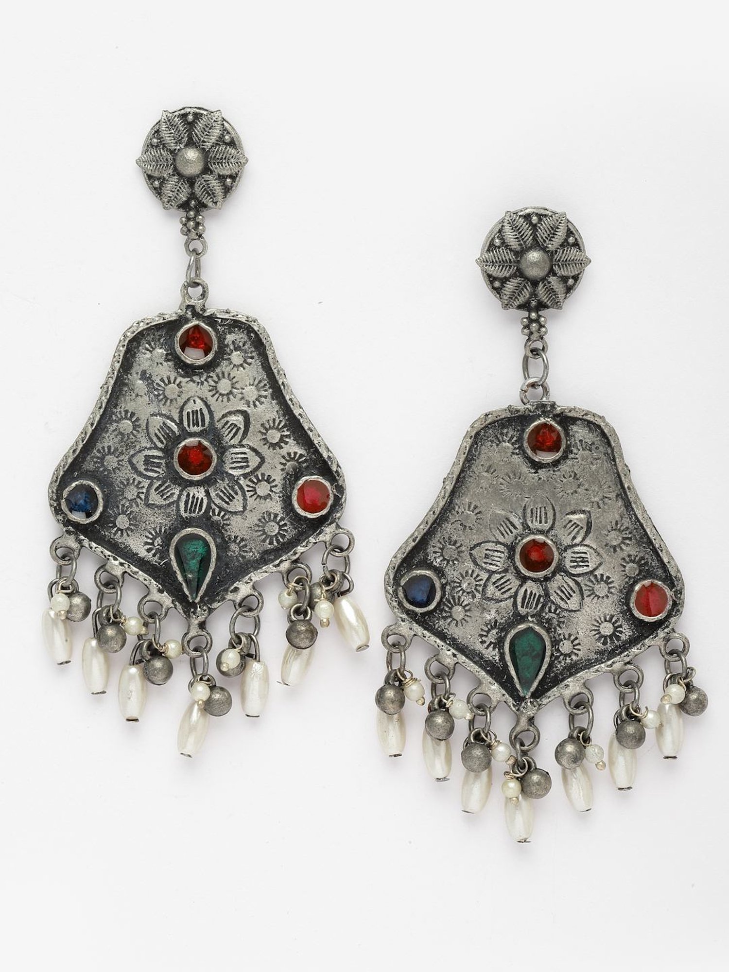 Moedbuille Pearls Meenakari Work Antique Tribal Design Oxidised Silver Plated Earrings