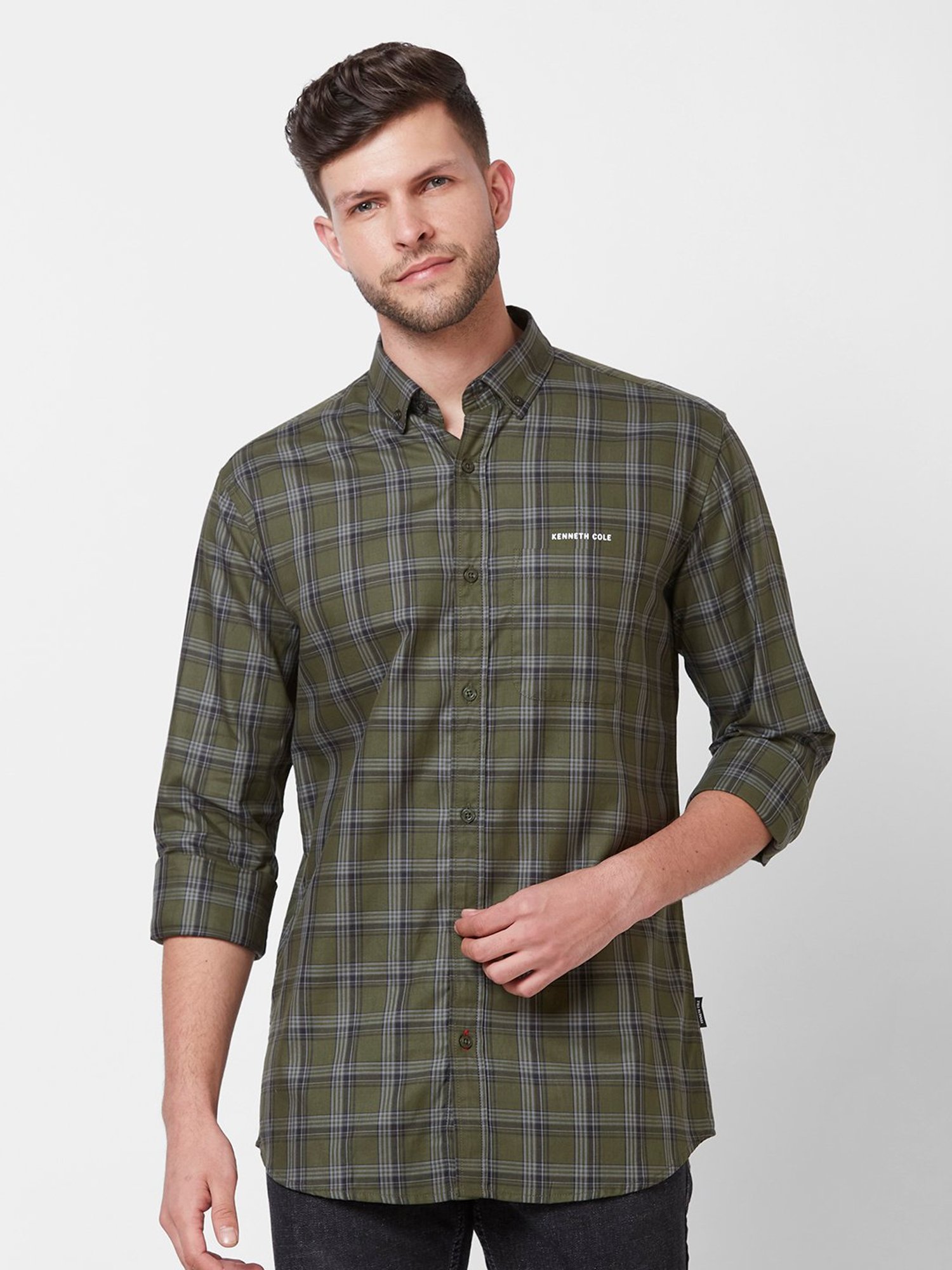 Kenneth Cole New York Dark Green Slim Fit Check Cotton Shirt