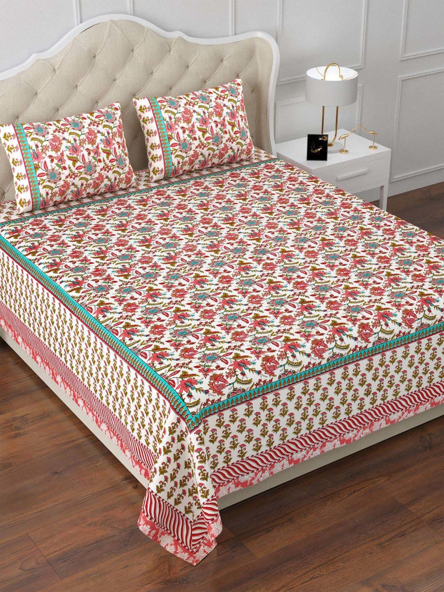 Aapno Rajasthan Rajmahal Blossom Rust & Green Cotton 140 GSM Double Bedsheet With 2 Pillow Cover