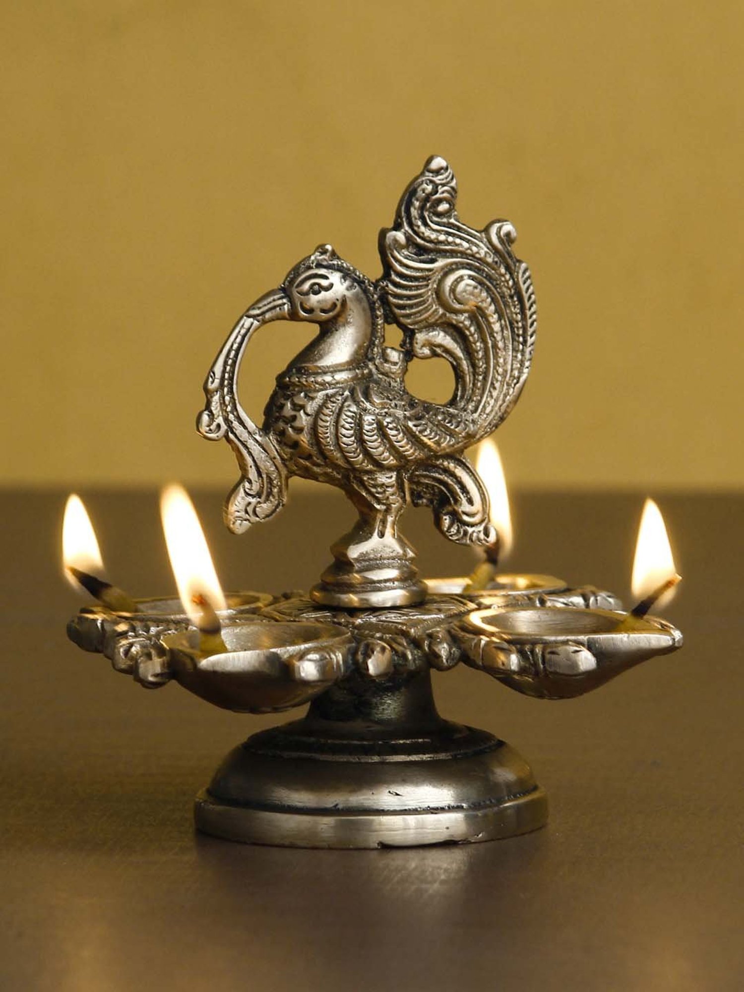 eCraftIndia Decorative Handcrafted Peocock Brass Showpiece with Diya for 4 Wicks