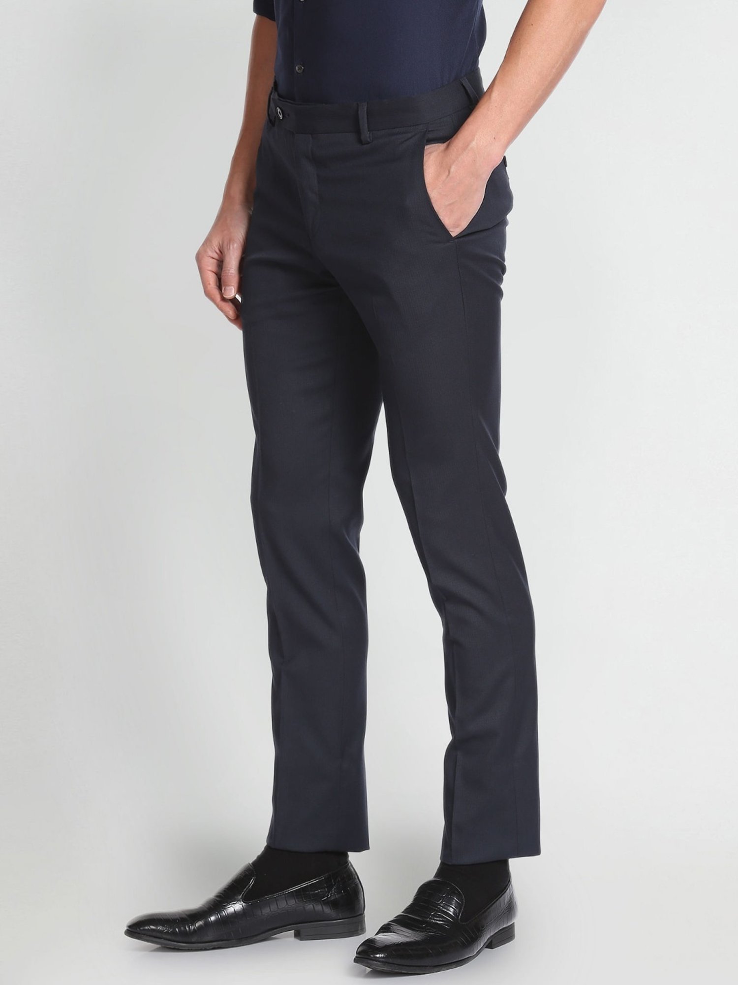 Arrow Navy Regular Fit Texture Trousers