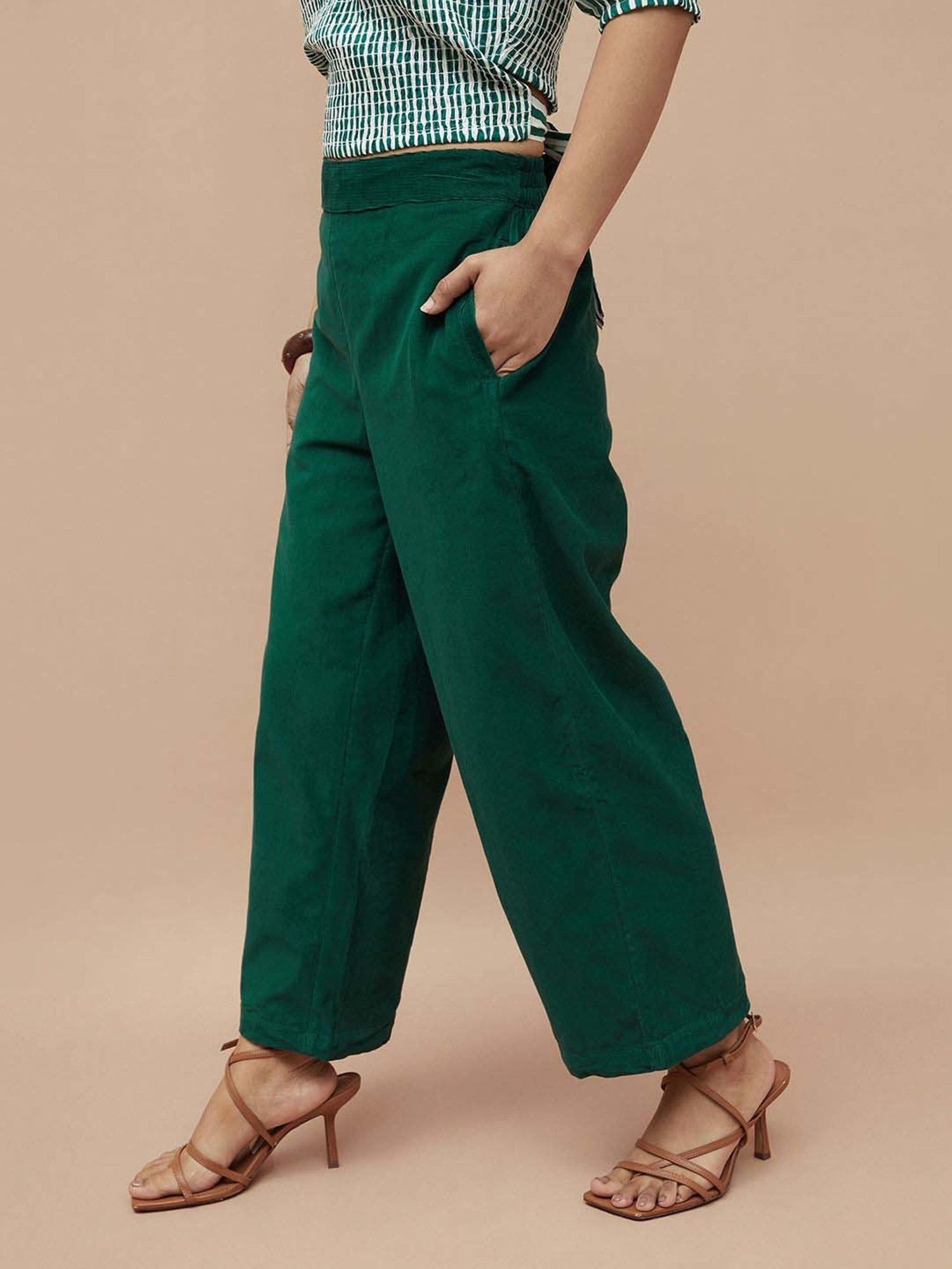 Colour Me by Melange Green Cotton Mid Rise Pants