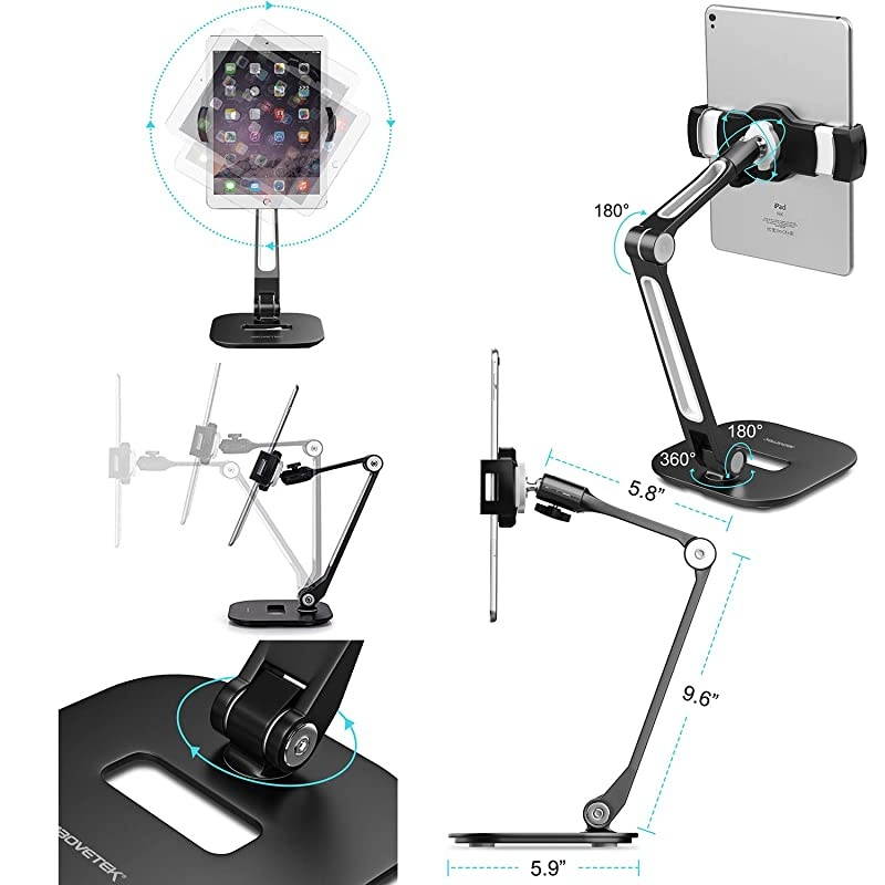 Long Arm Aluminum Tablet Stand, Folding iPad Stand with 360&deg; Swivel iPhone Clamp Mount Holder, Fits 4-11" Display Tablet/Phones for Kitchen Table Bedside Office Desk POS Kiosk Reception