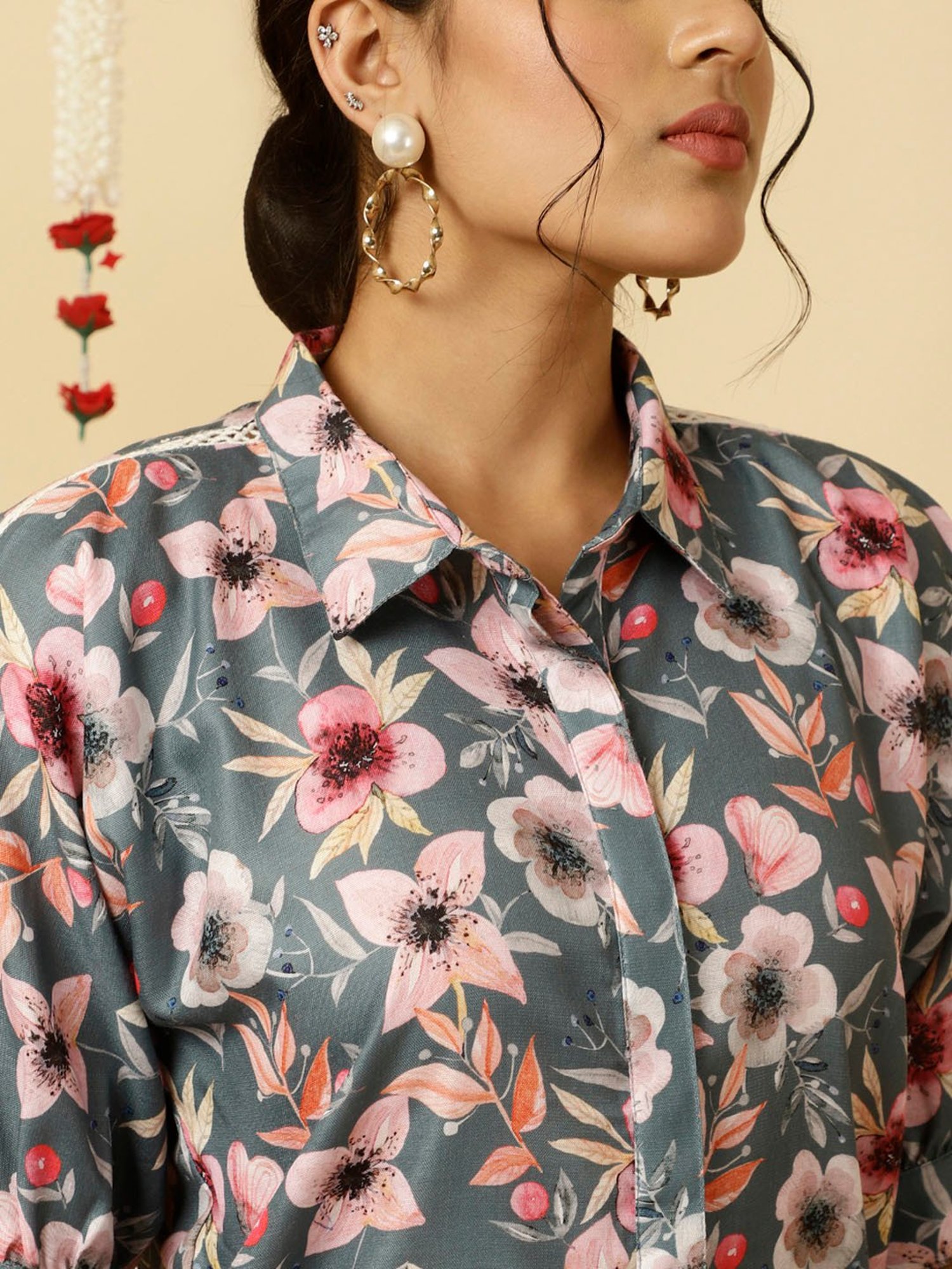 Jaipur Kurti Grey Floral Print Shirt & Pant Set