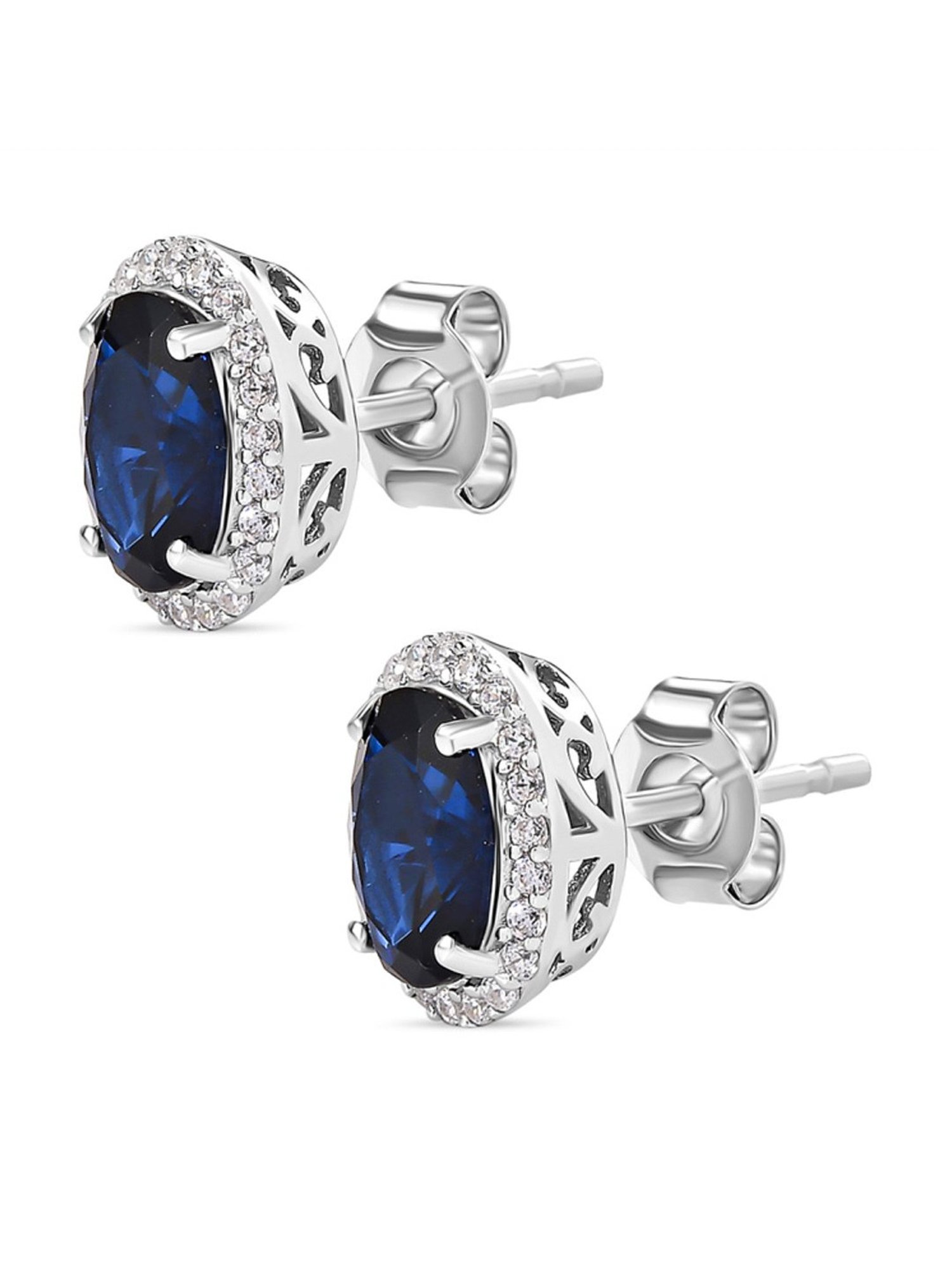 Ornate Jewels 925 Sterling Silver Blue Sapphire & American Diamond Stud Earrings for Women