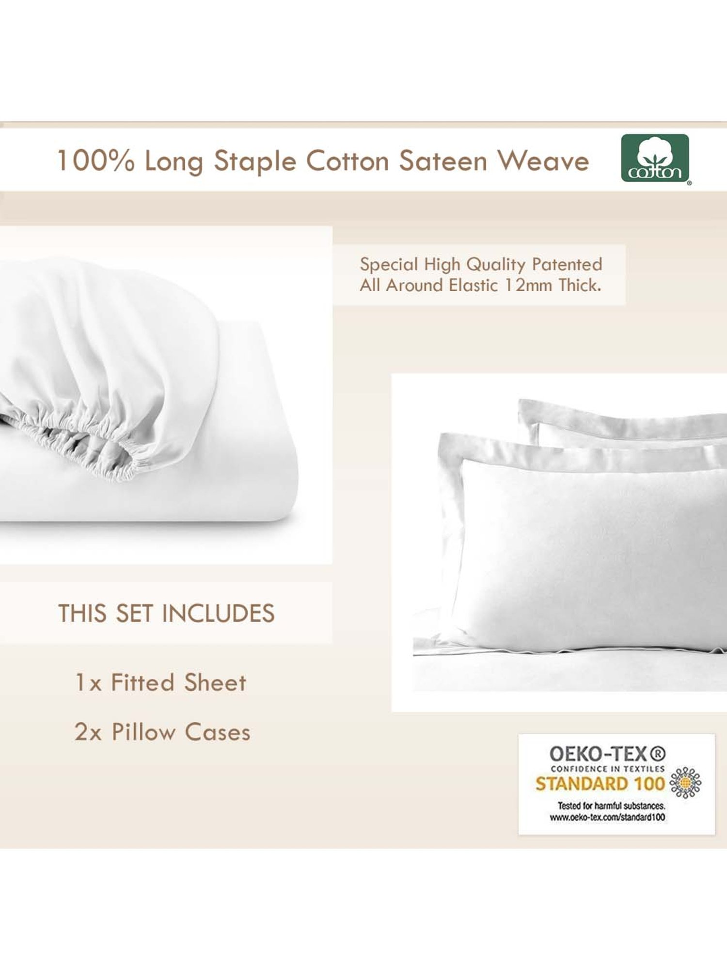 Pizuna 400TC 100% Cotton White Fitted Bed Sheet Queen Size With 2 Pillow Cover