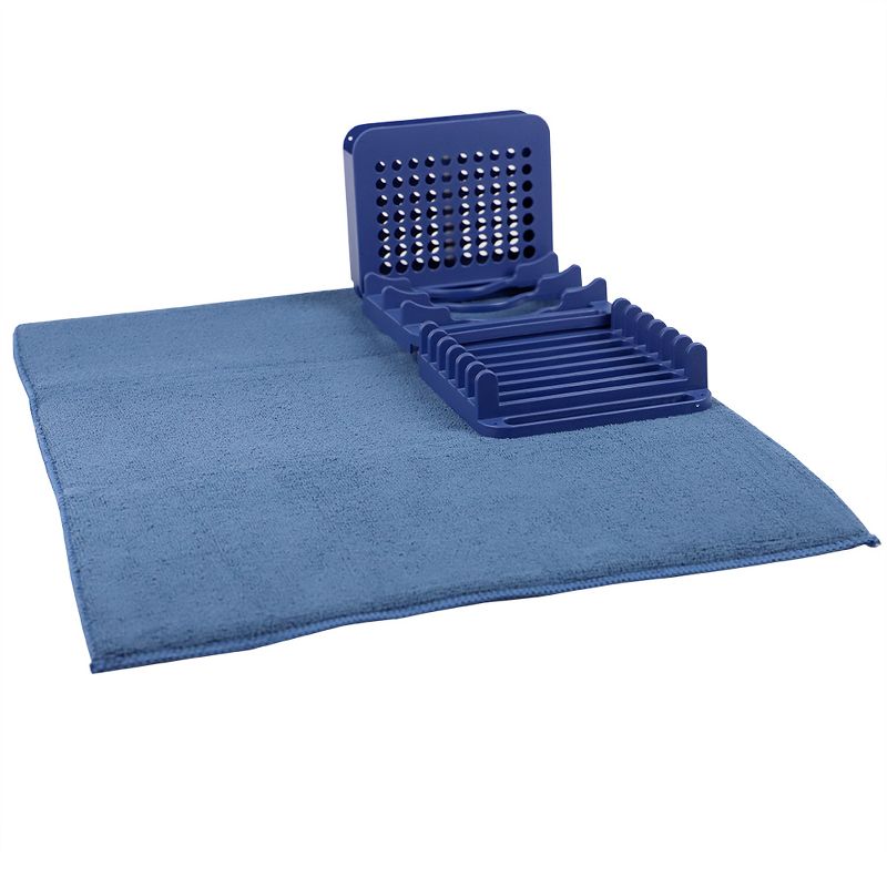 Michael Graves Design 3 Section Plastic  Dish Drying Rack with Super Absorbent Microfiber Mat, Indigo