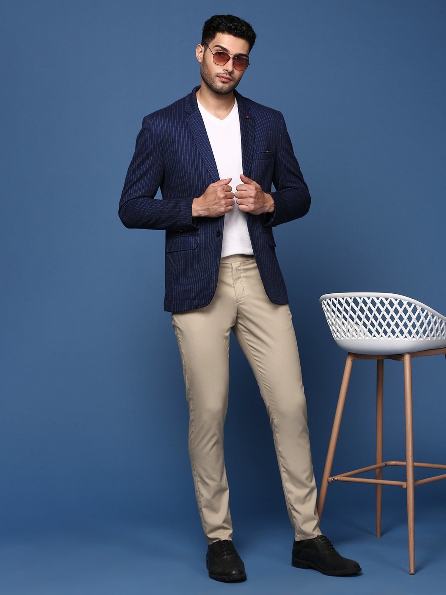 Showoff Navy Cotton Slim Fit Striped Blazer