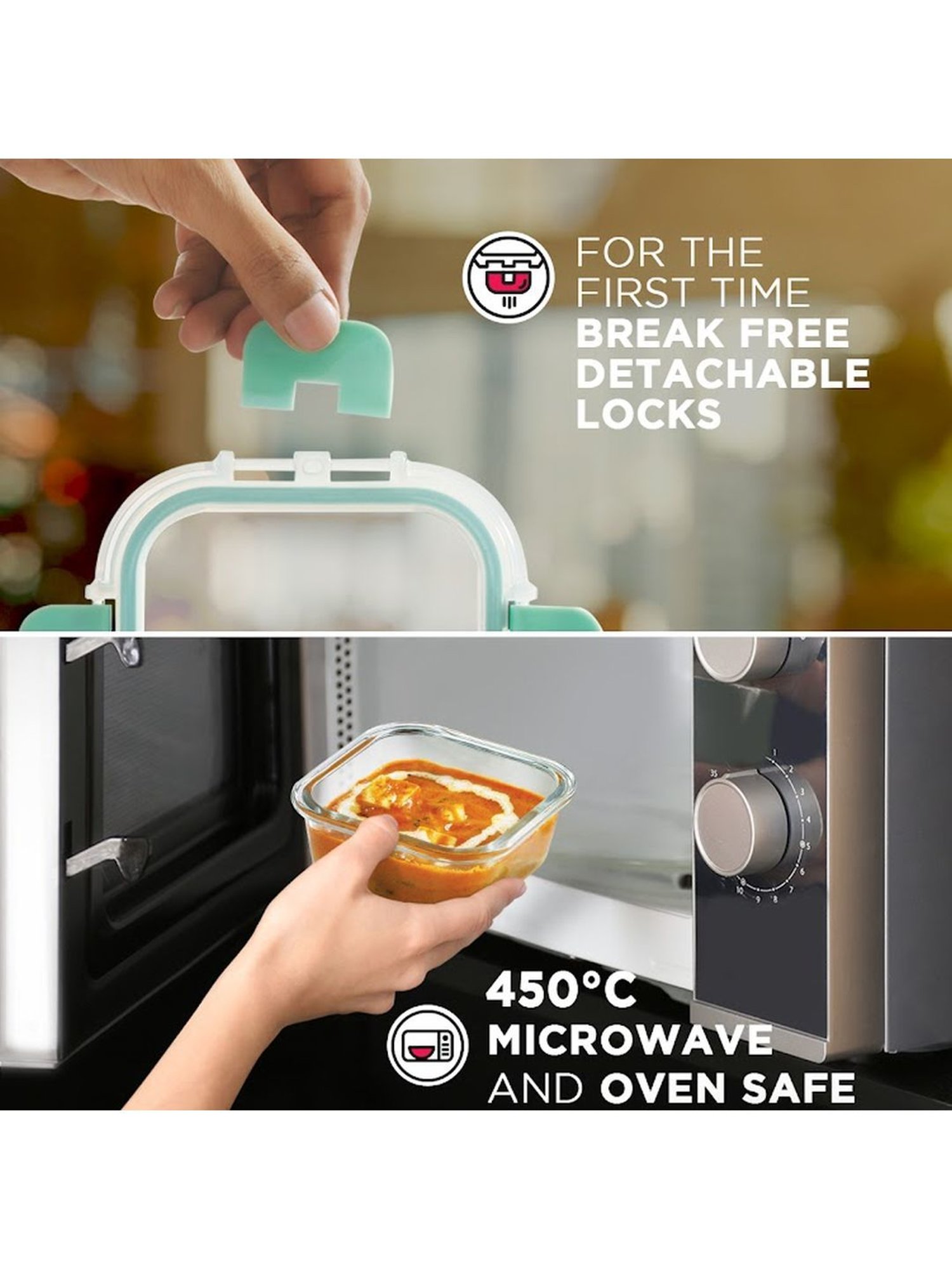 Borosilicate Glass Lunch Box Microwave Oven Safe with Detachable Lock and Chevron Mint Tiffin Bag