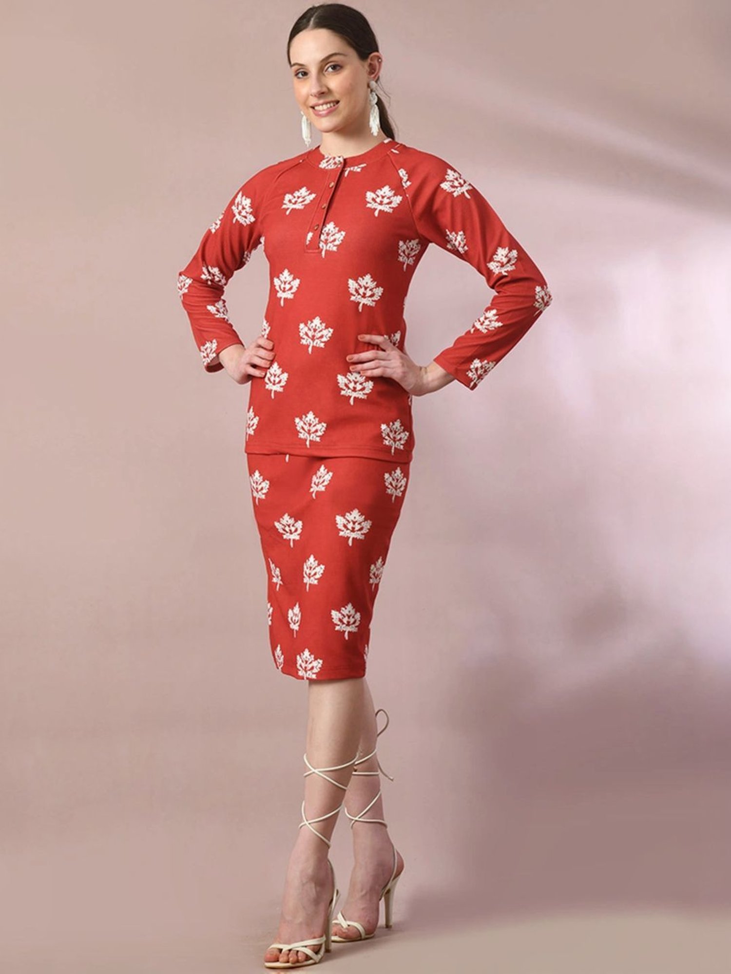 Myshka Red Floral Print Top Skirt Set