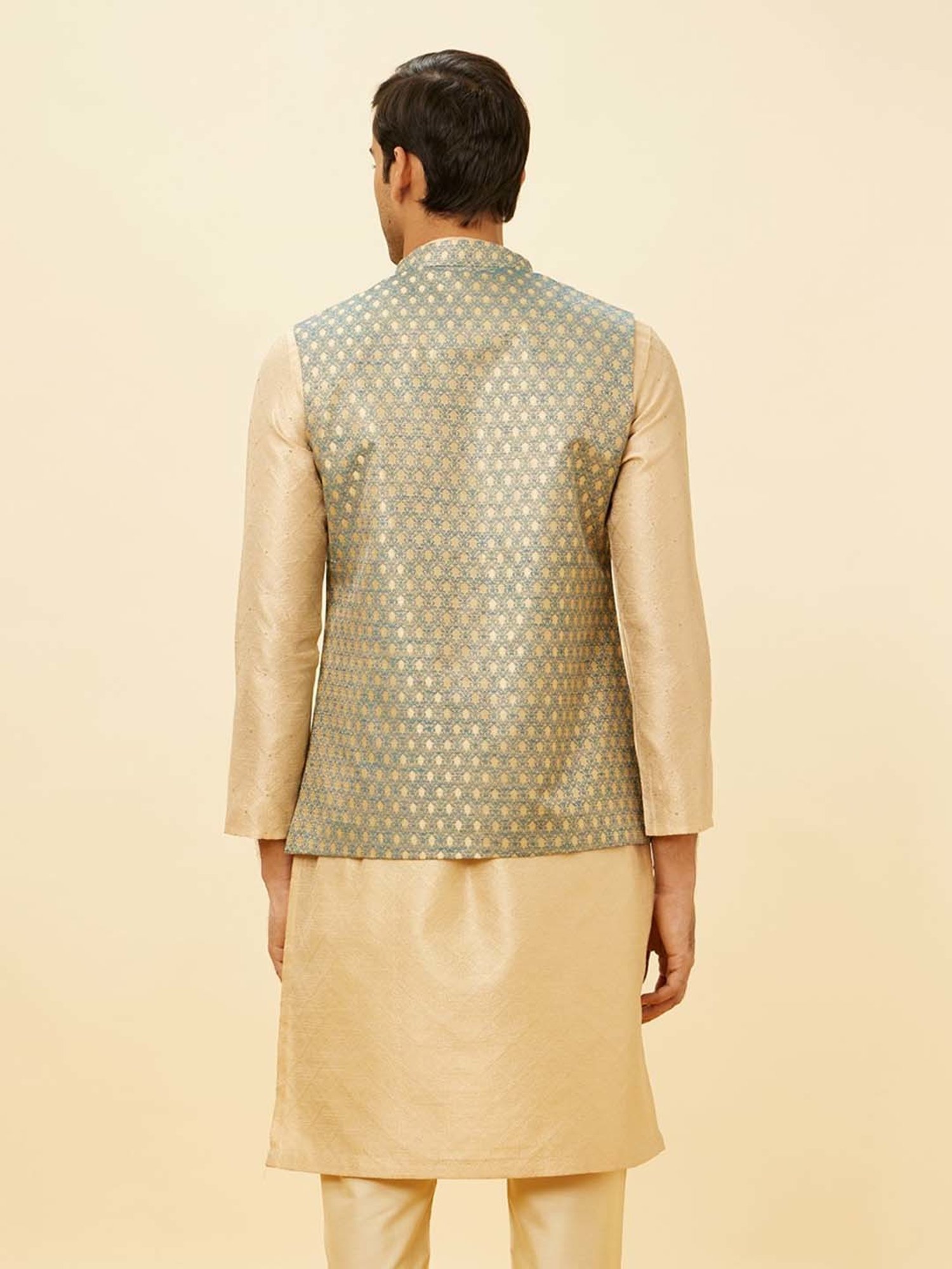 Manyavar Blue Regular Fit Self Design Nehru Jacket