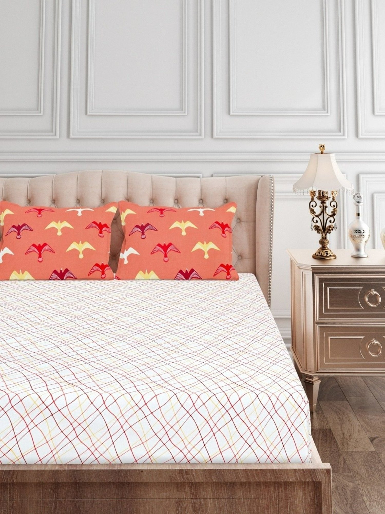 SEJ by Nisha Gupta Geometric Red 160 TC Cotton King Bed Sheet with 2 Pillow Covers