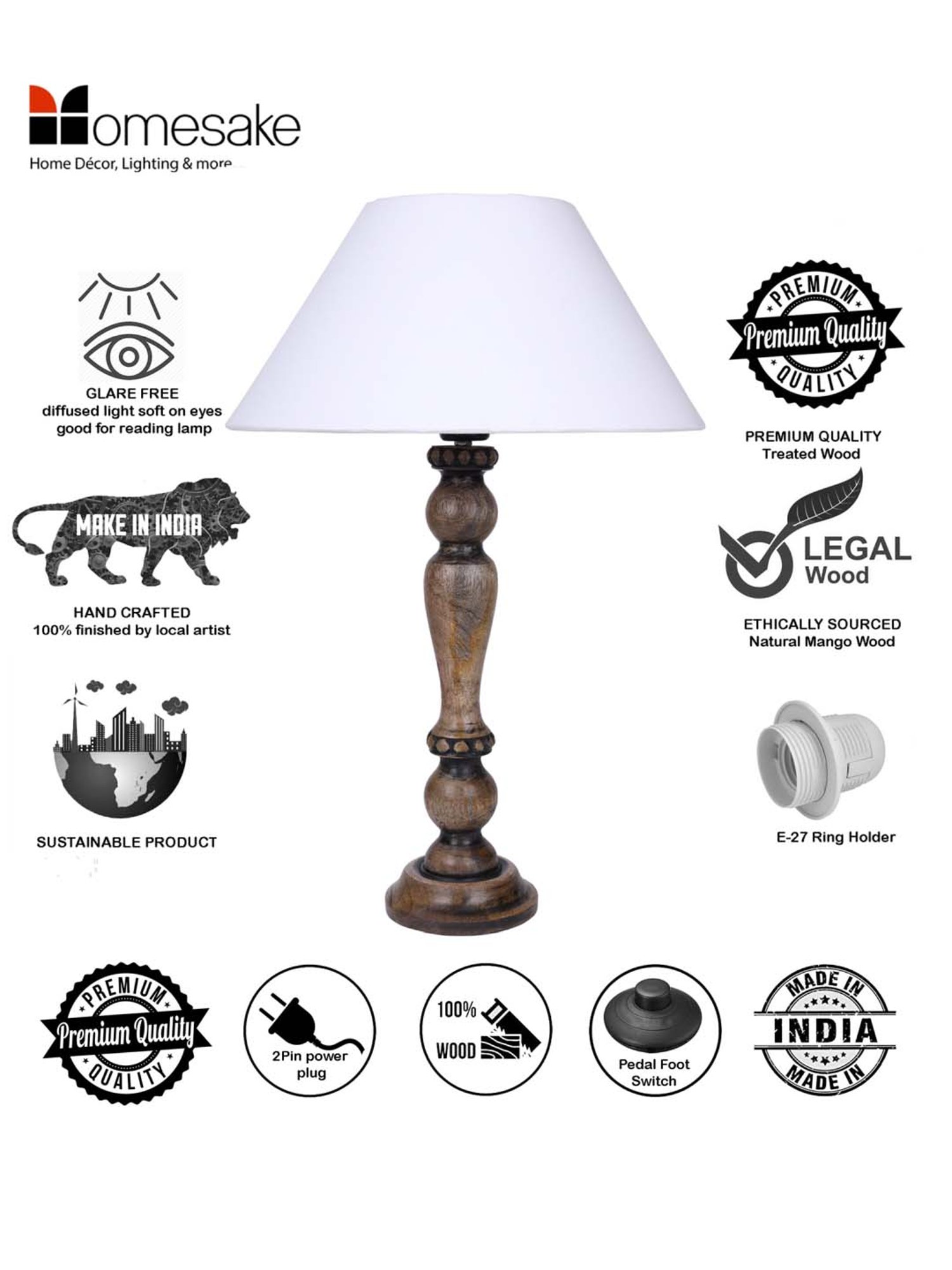 Homesake Eureka White & Brown Wooden Table Lamp with Bulb - Set of 1