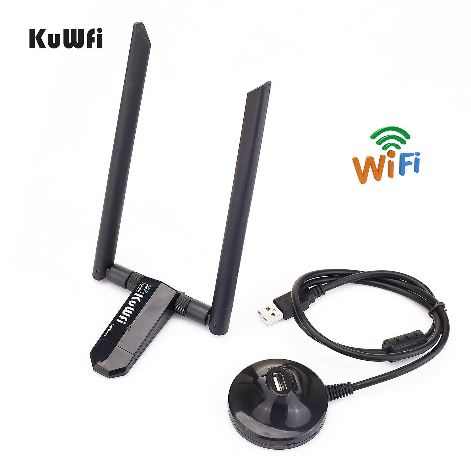KuWFi USB WiFi Adapter AC 1200Mbps Wireless Network Dual Band 5GHz and 2.4GHZ High Gain for PC Desktop TVbox with 2x5dBi Antenna