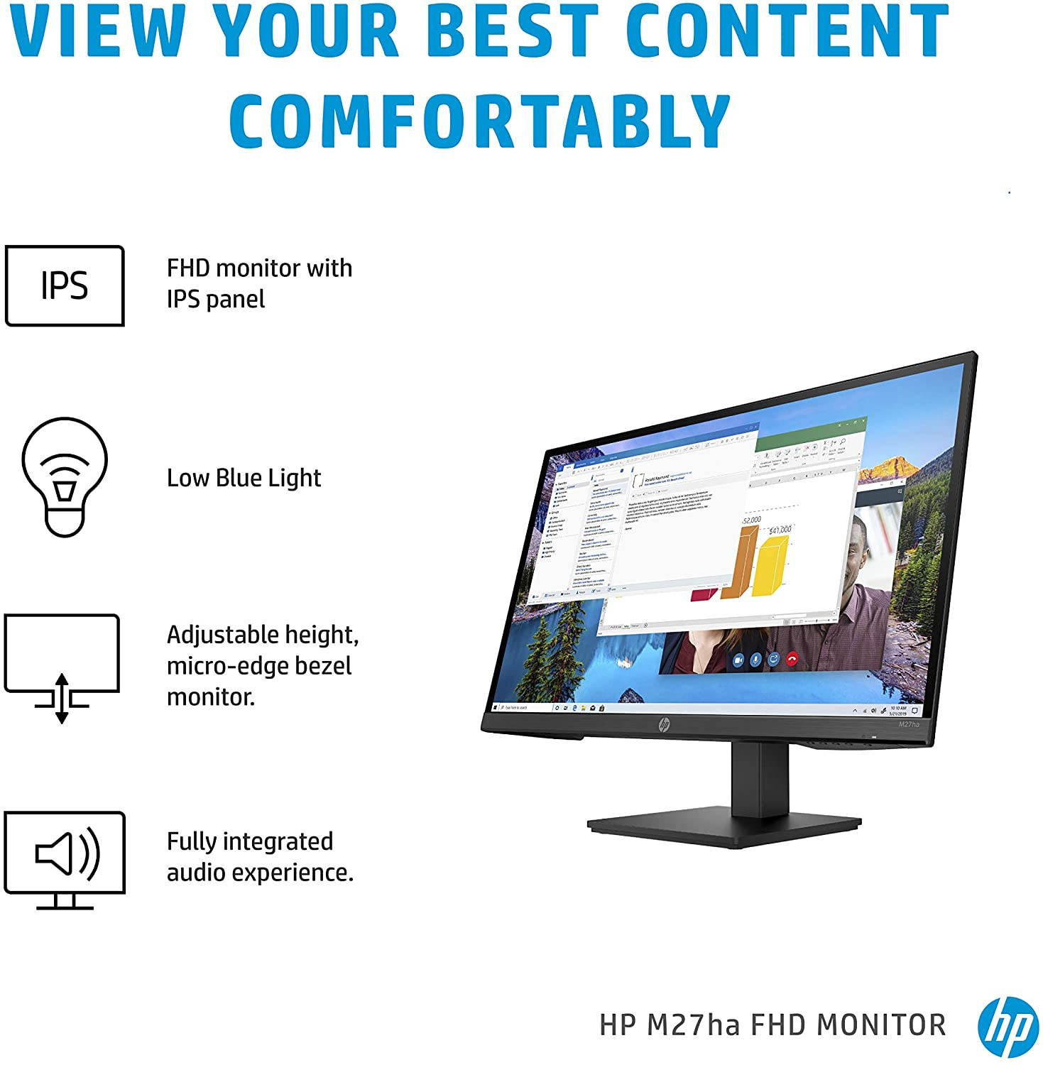 M27ha FHD Monitor - Full HD Monitor (1920 x 1080p) - IPS Panel and Built-in Audio - VESA Compatible 27-inch Monitor Designed for Comfortable Viewing with Height and Pivot Adjustment - (22H94AA#ABA)