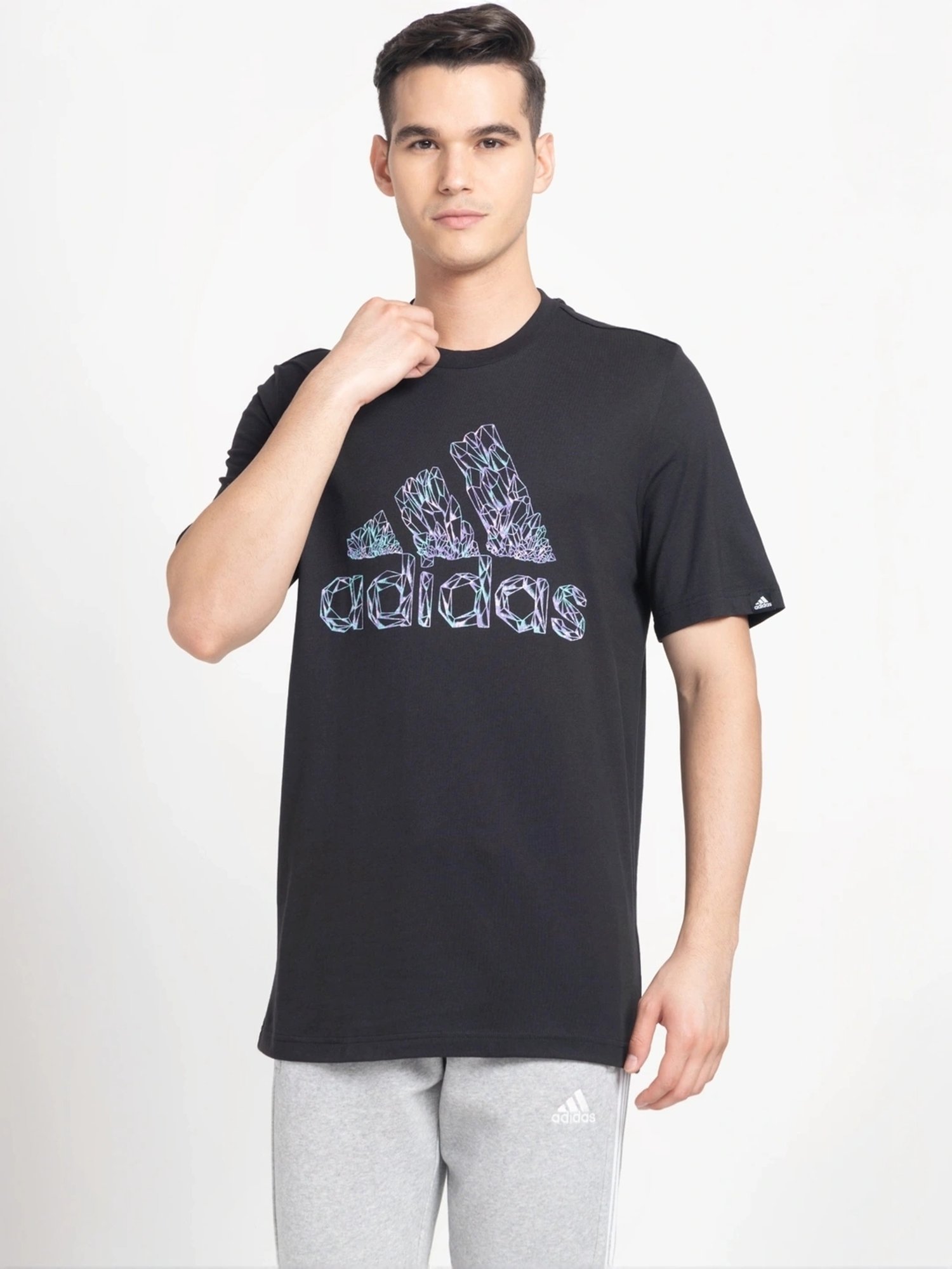 Adidas Black Cotton Regular Fit Logo Printed T-Shirt
