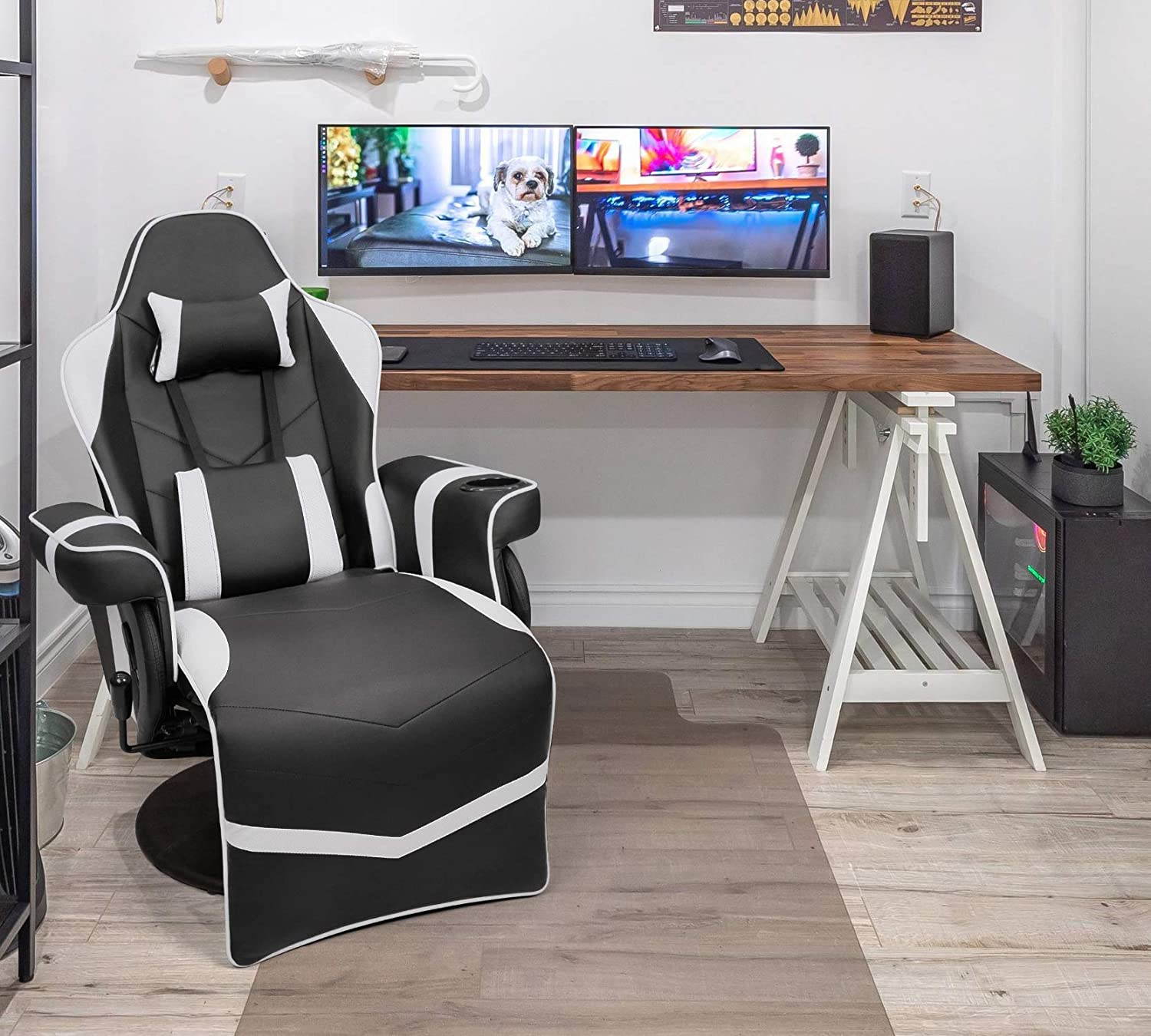 Homall Computer Racing Style PU Leather Ergonomic Adjusted Reclining Video Gaming Single Sofa Chair with Footrest Headrest and Lumbar Support (White)