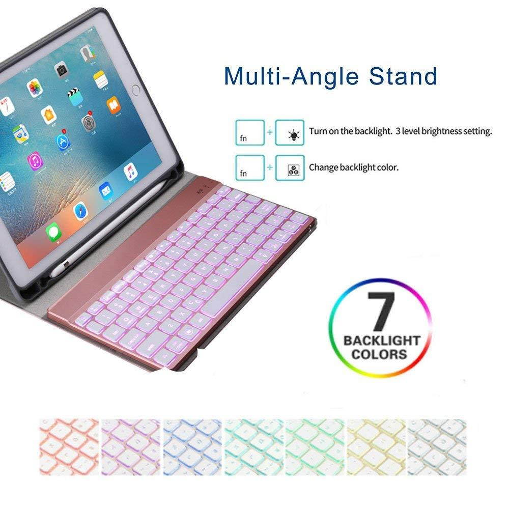 iPad Pro 10.5 Keyboard Case,7 Colors Backlit with Built-in Apple Pencil Holder Slim Folio Shell Protective Stand leather Cover Removable Wireless Bluetooth Keyboard for Apple iPad Pro 10.5 (Rose Gold)