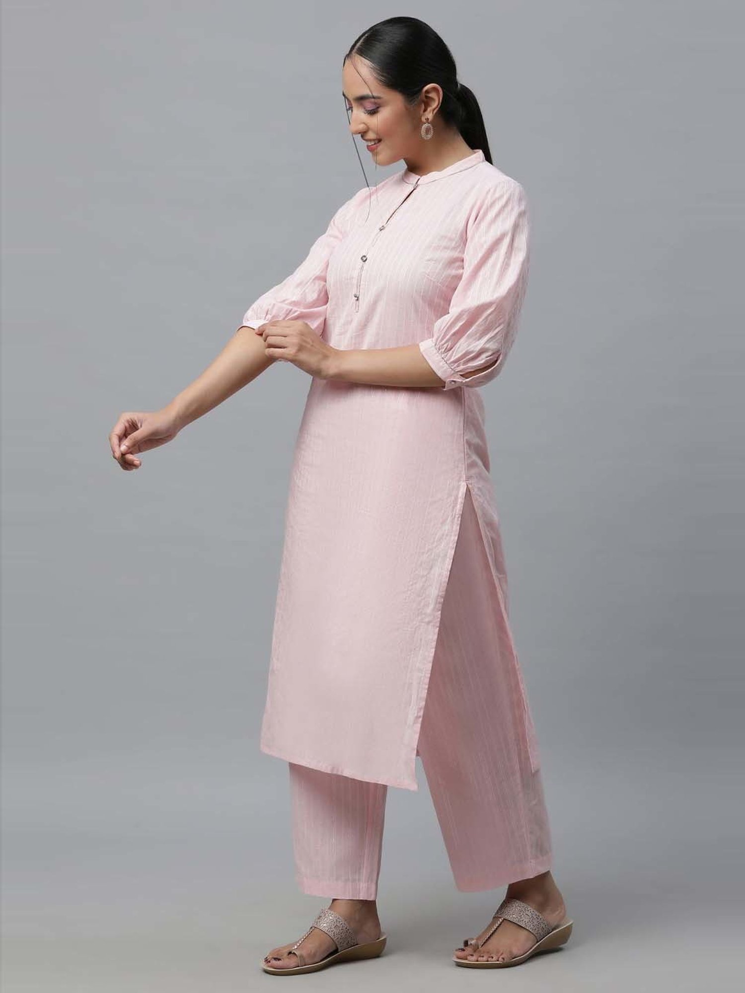 Aurelia Pink Cotton Striped Kurta Palazzo Set